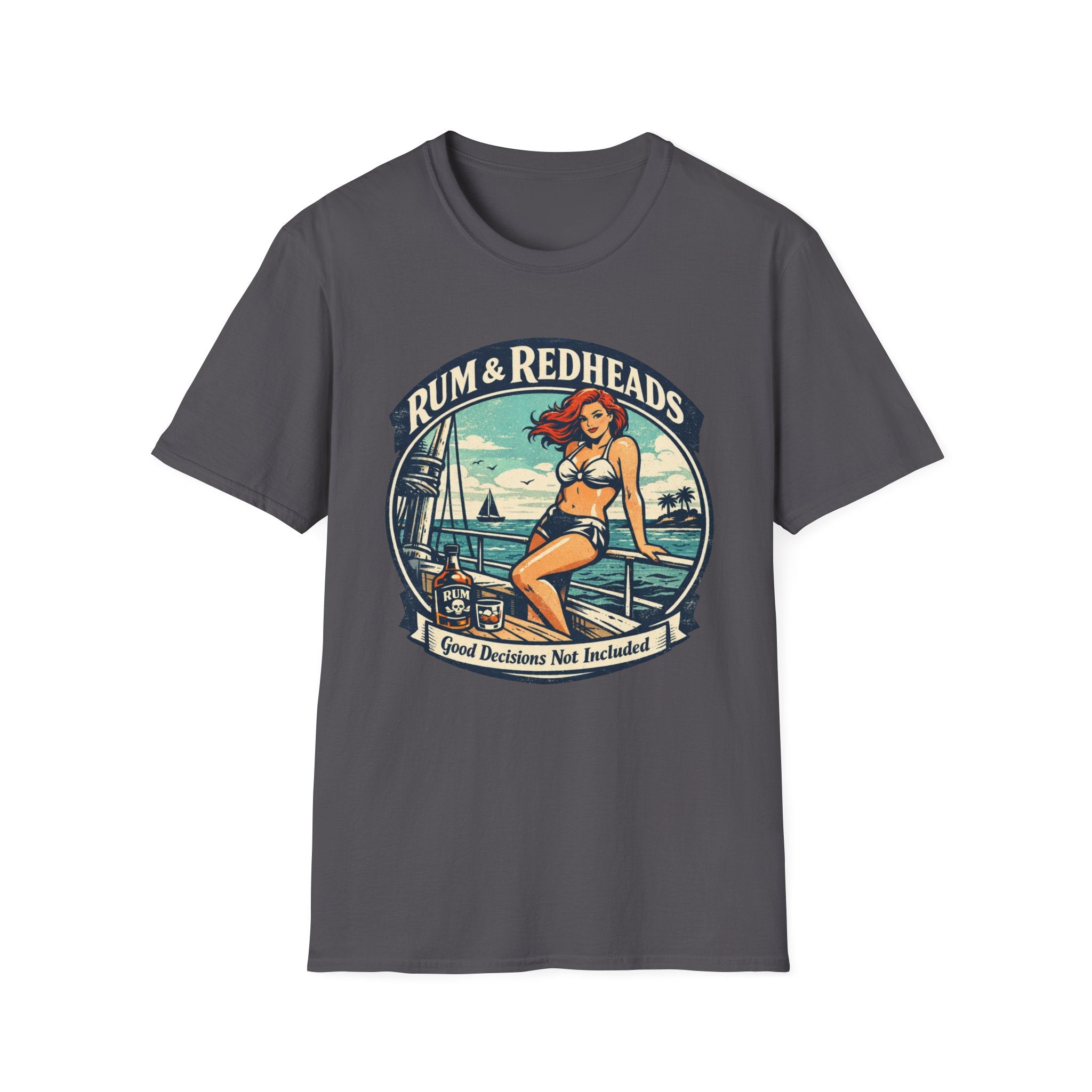 Rum & Redheads Retro Pinup T-Shirt — "Good Decisions Not Included"