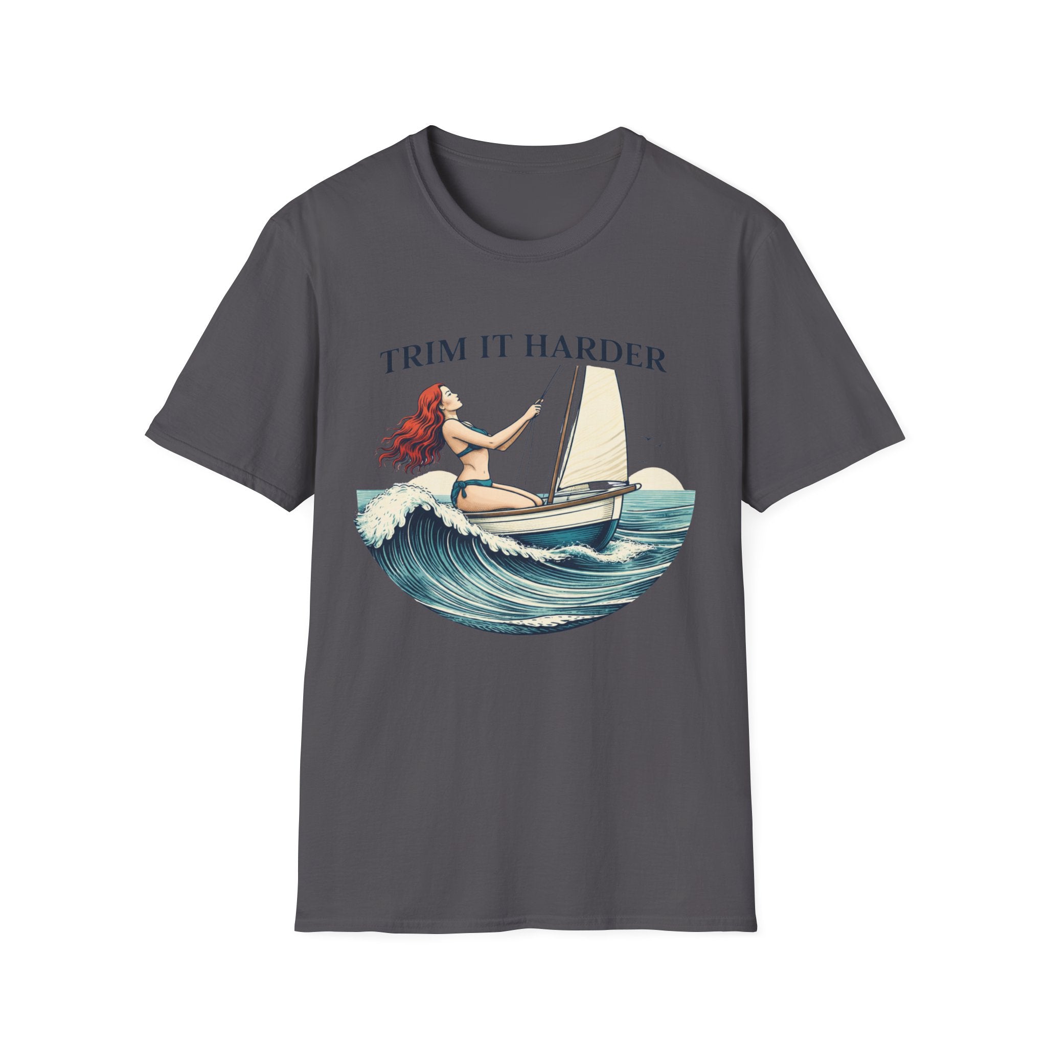 Trim It Harder Sailing T‑Shirt — Vintage Sailboat & Mermaid Wave Tee