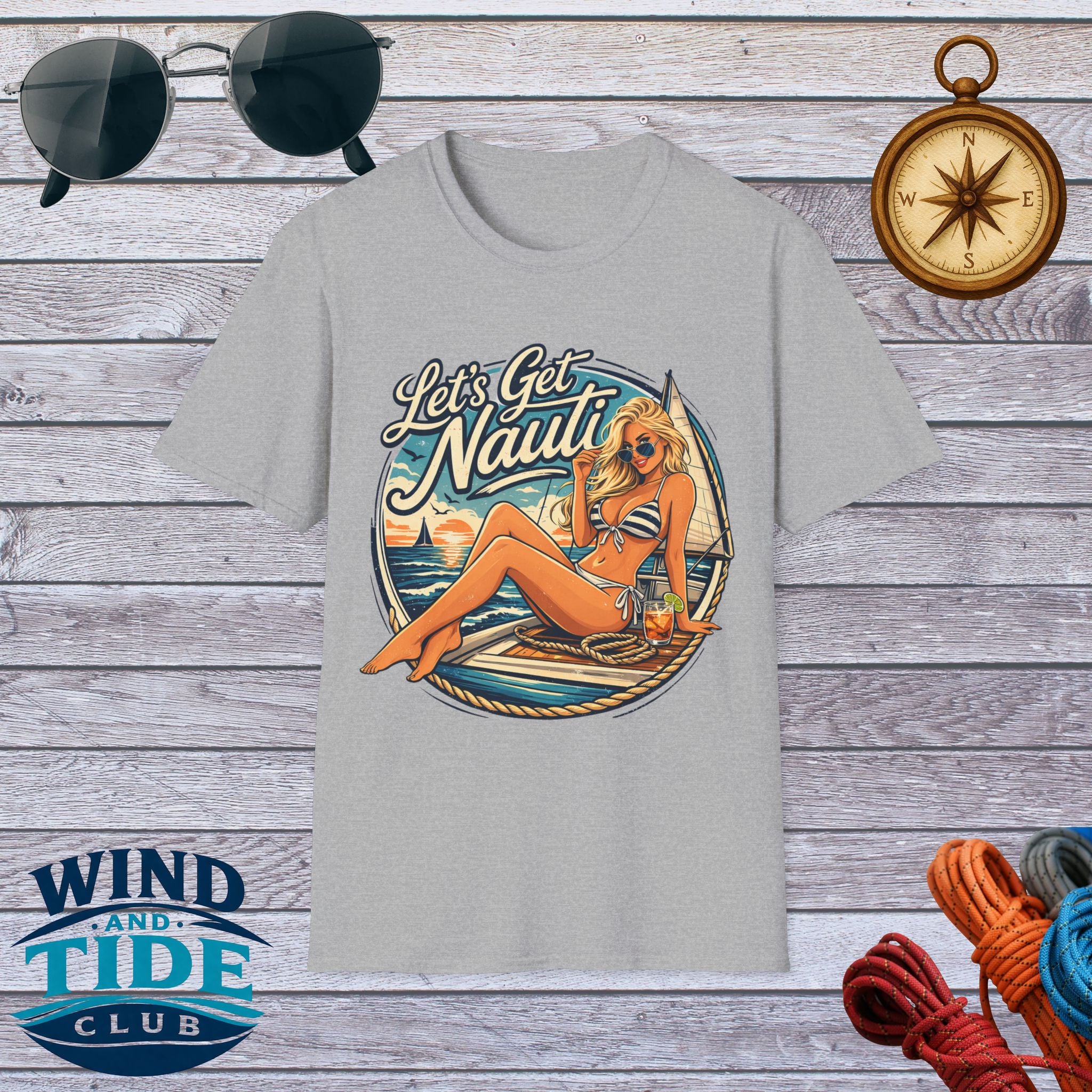 Let's Get Nauti Nautical T-Shirt — Retro Beach Blonde Pinup Graphic Tee
