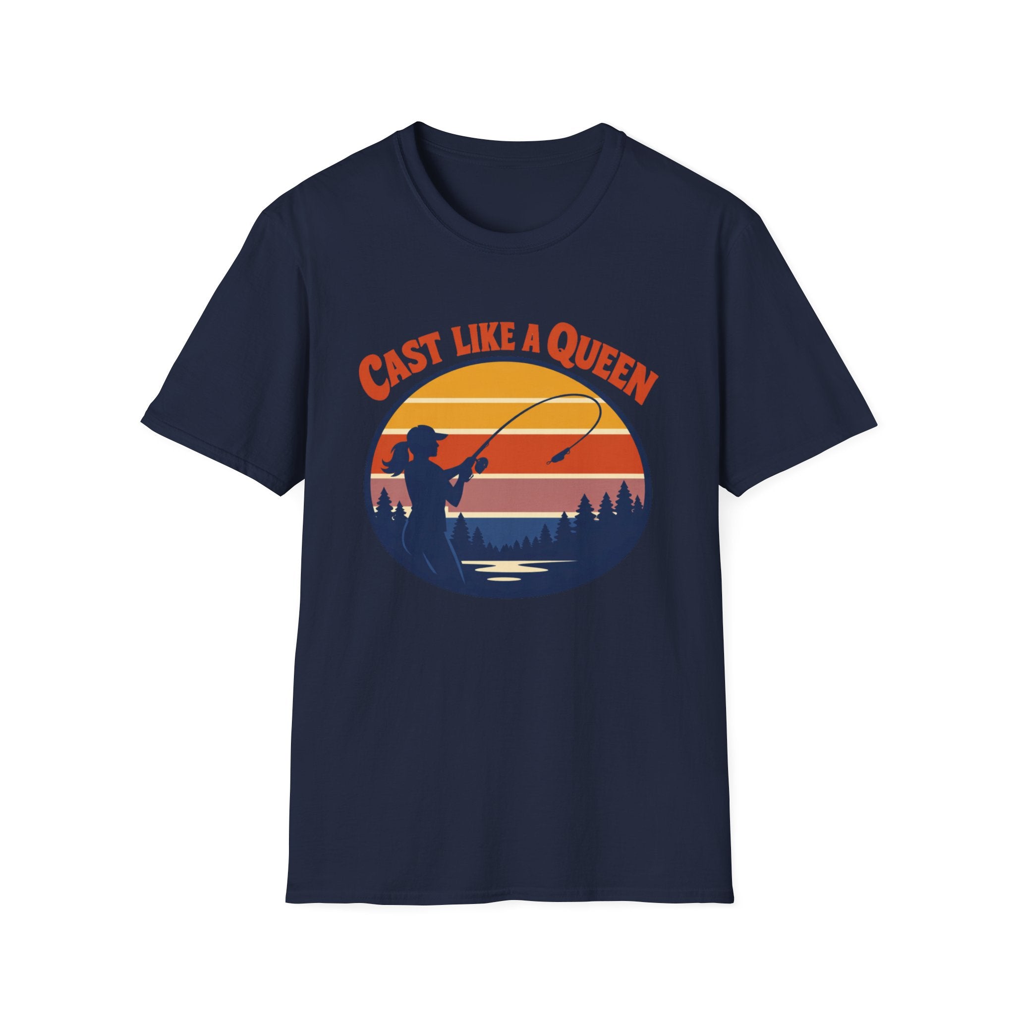 Cast Like a Queen Fishing T-Shirt — Retro Sunset Angler Top for Women