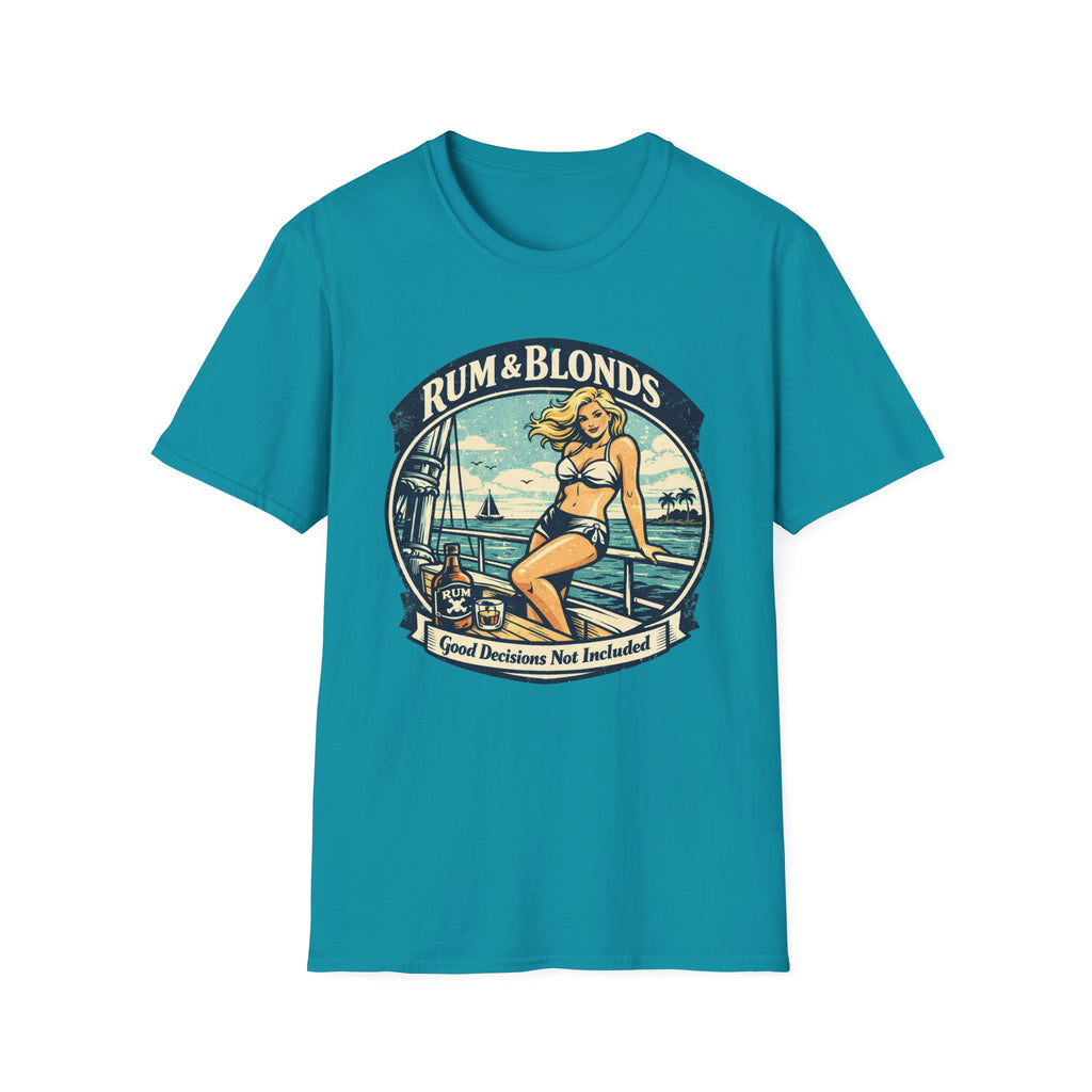 Rum & Blonds Vintage Pinup T-Shirt — 'Good Decisions Not Included' Beach Tee