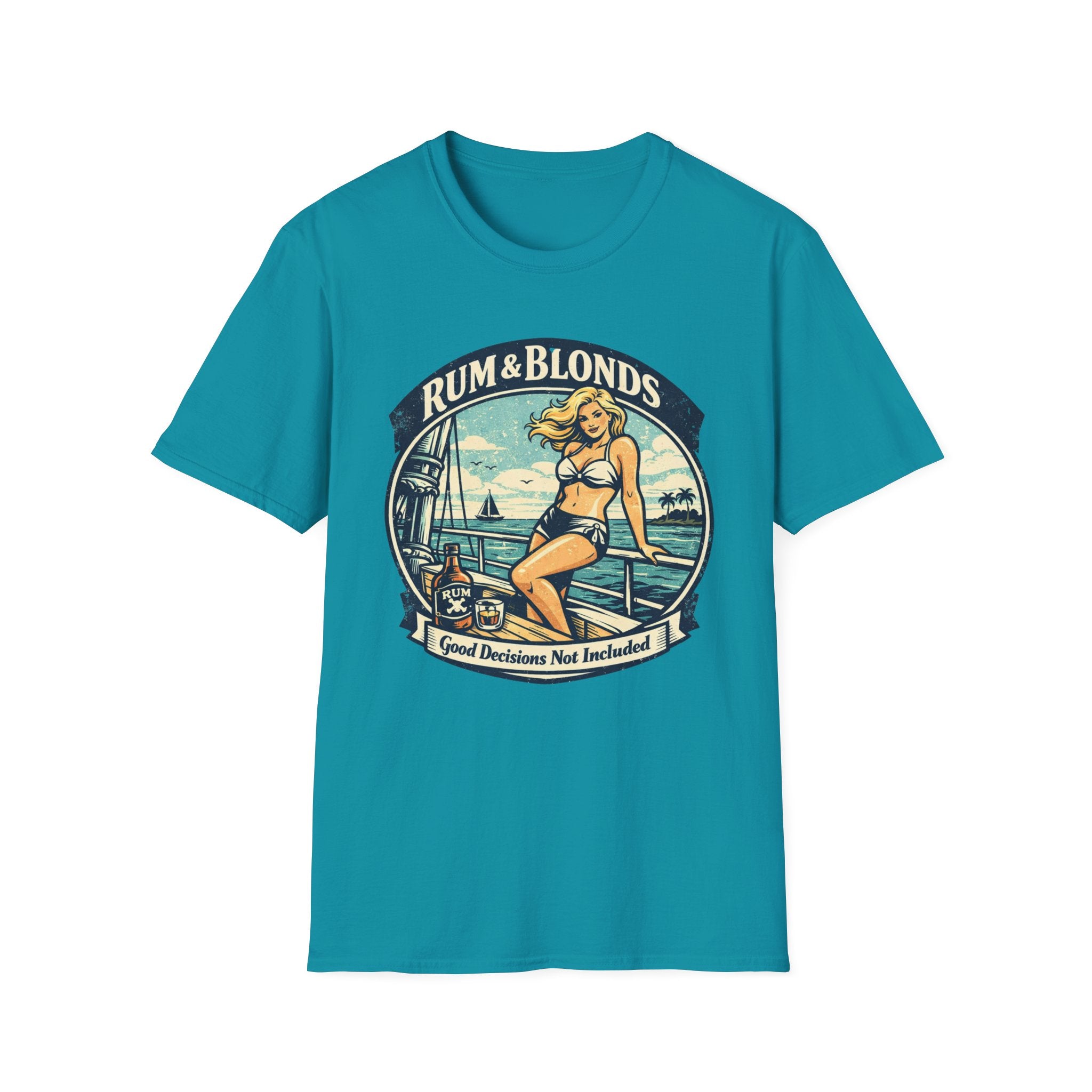 Rum & Blonds Vintage Pinup T-Shirt — 'Good Decisions Not Included' Beach Tee