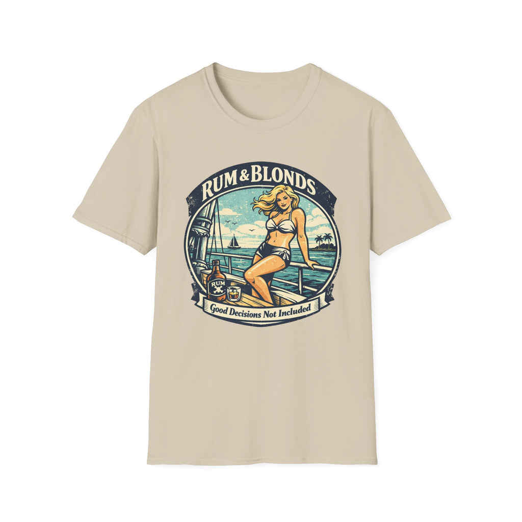 Rum & Blonds Vintage Pinup T-Shirt — 'Good Decisions Not Included' Beach Tee