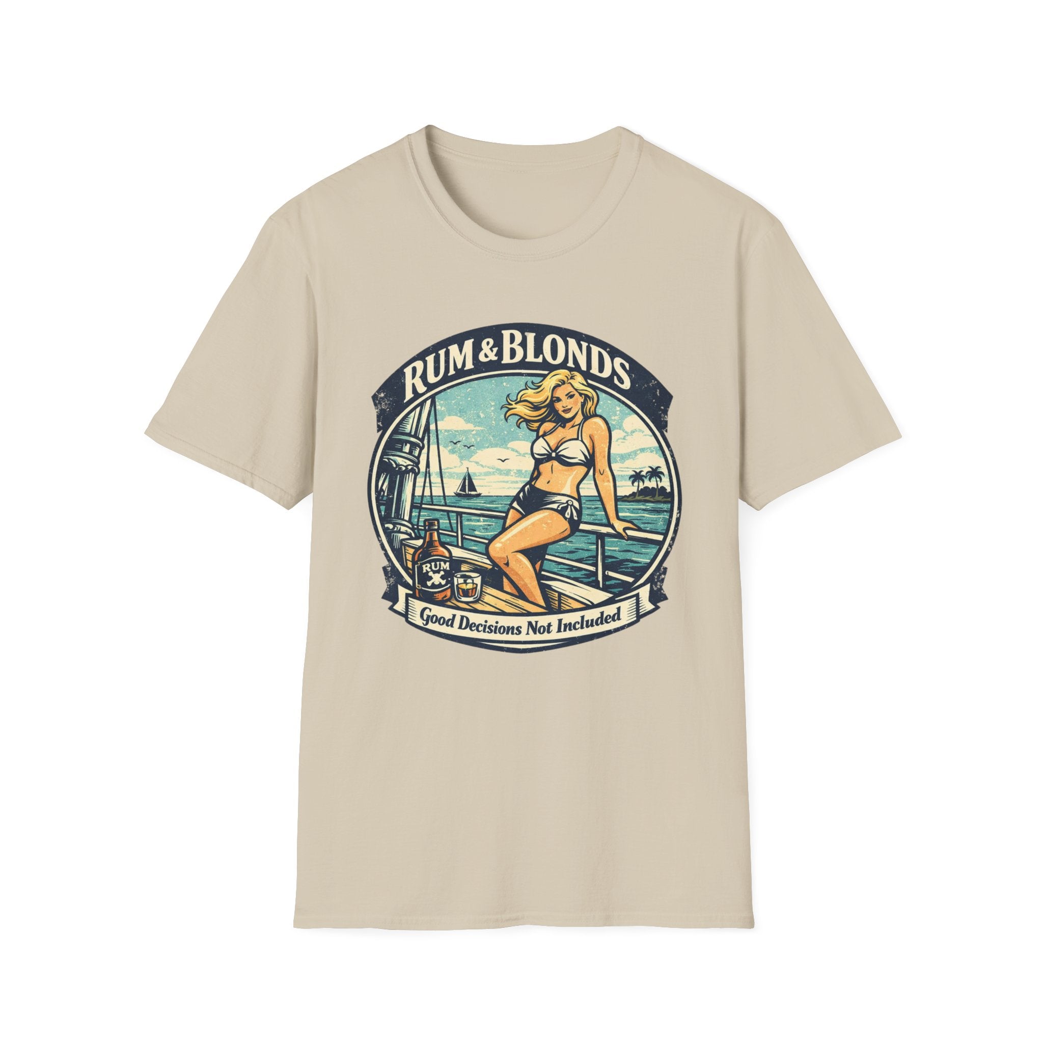 Rum & Blonds Vintage Pinup T-Shirt — 'Good Decisions Not Included' Beach Tee