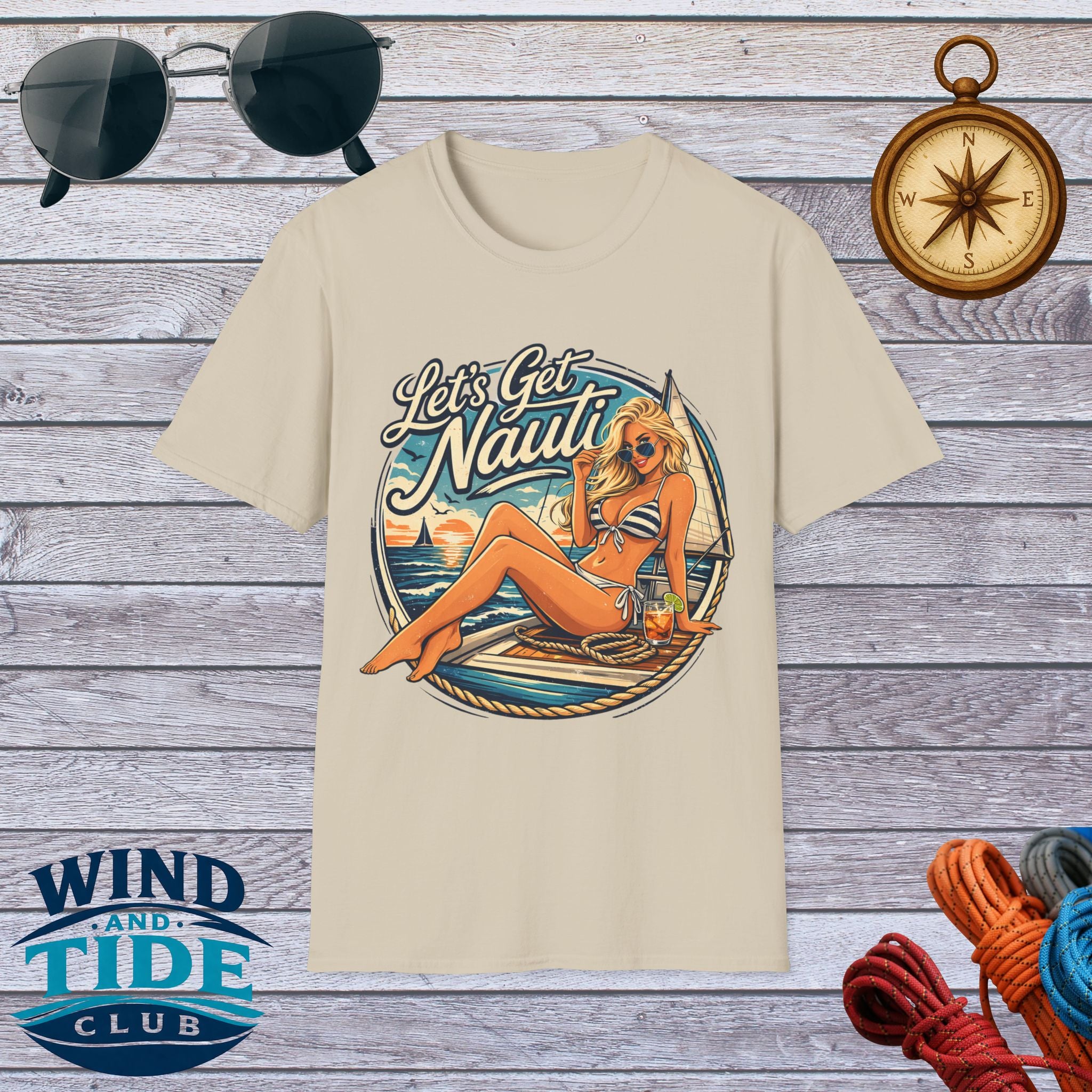 Let's Get Nauti Nautical T-Shirt — Retro Beach Blonde Pinup Graphic Tee