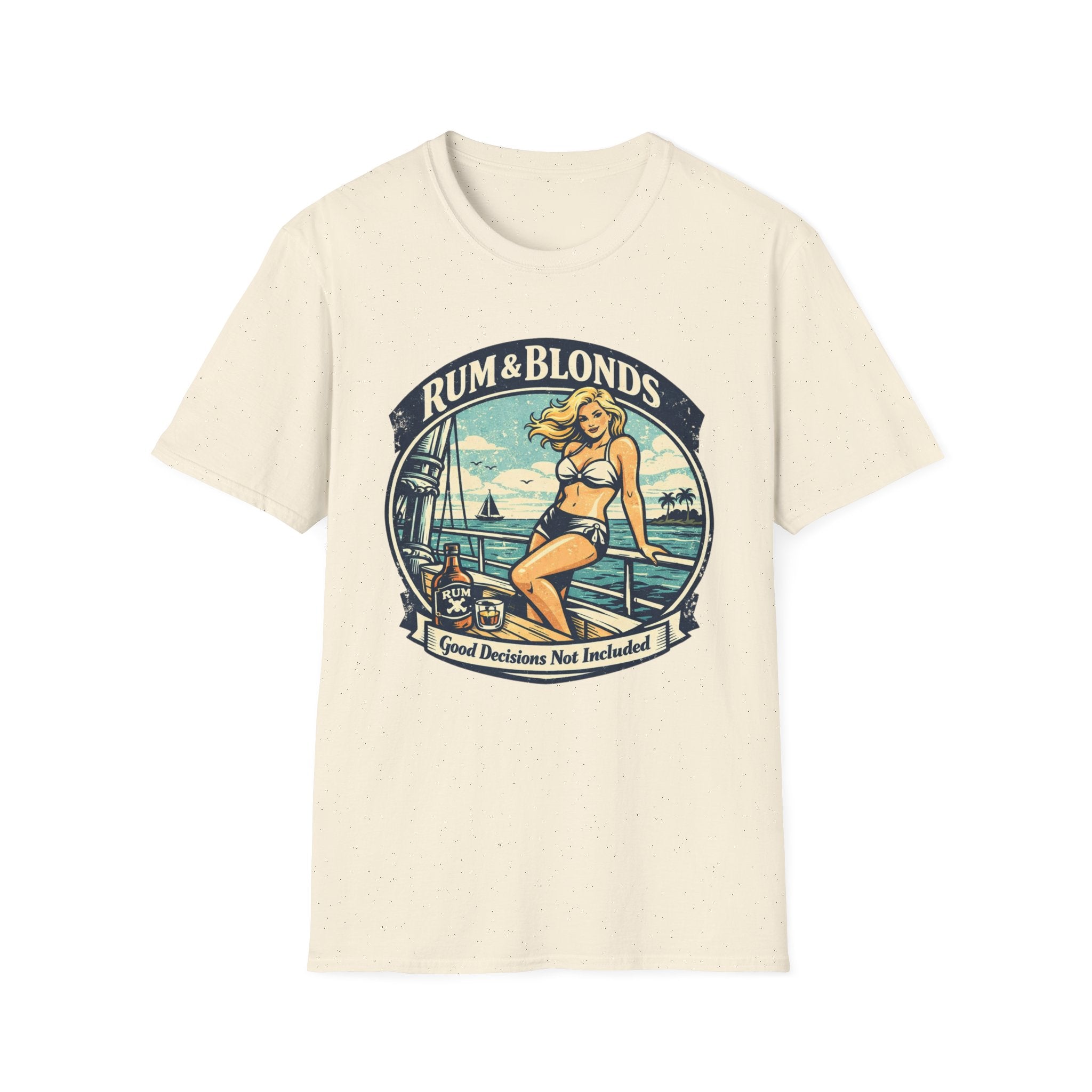 Rum & Blonds Vintage Pinup T-Shirt — 'Good Decisions Not Included' Beach Tee