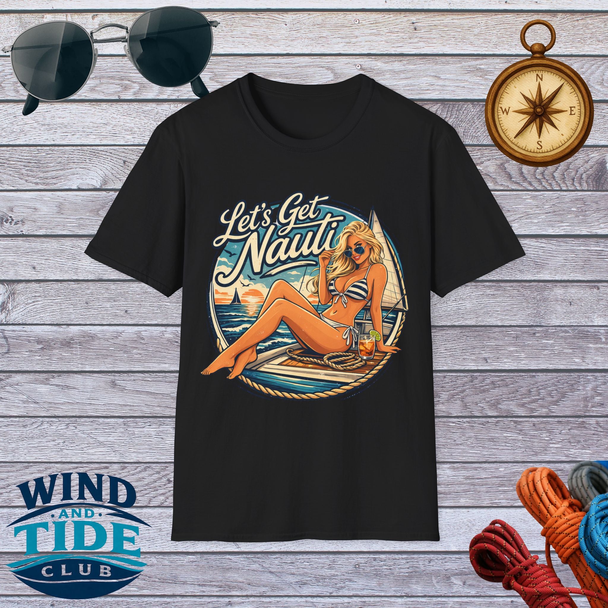 Let's Get Nauti Nautical T-Shirt — Retro Beach Blonde Pinup Graphic Tee