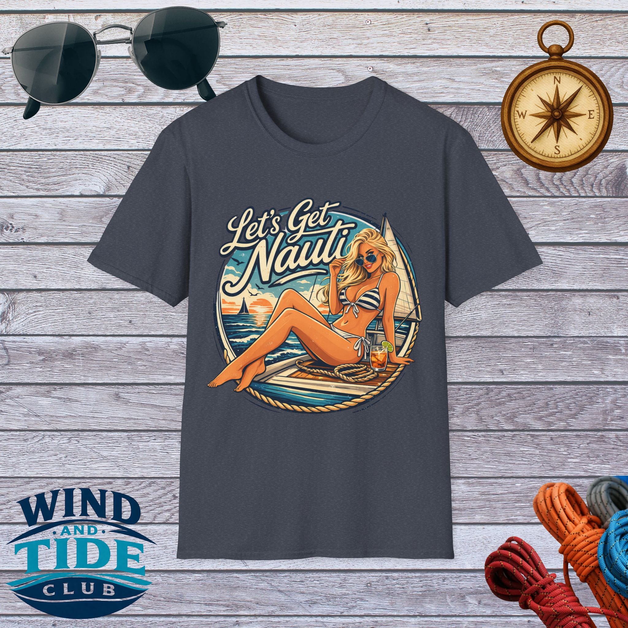 Let's Get Nauti Nautical T-Shirt — Retro Beach Blonde Pinup Graphic Tee
