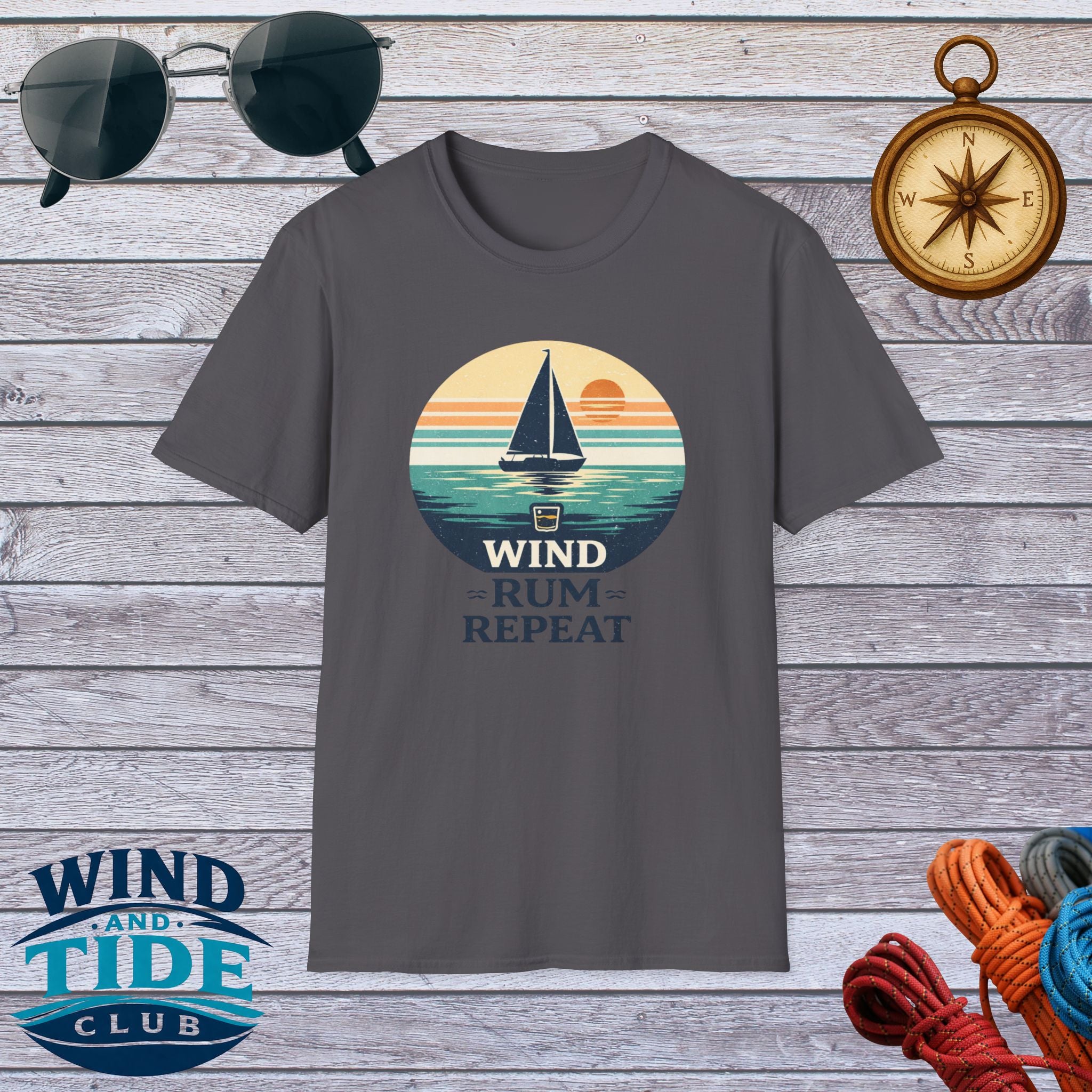 Sailboat Sunset Tee - "Wind Rum Repeat" Nautical Sailing Shirt