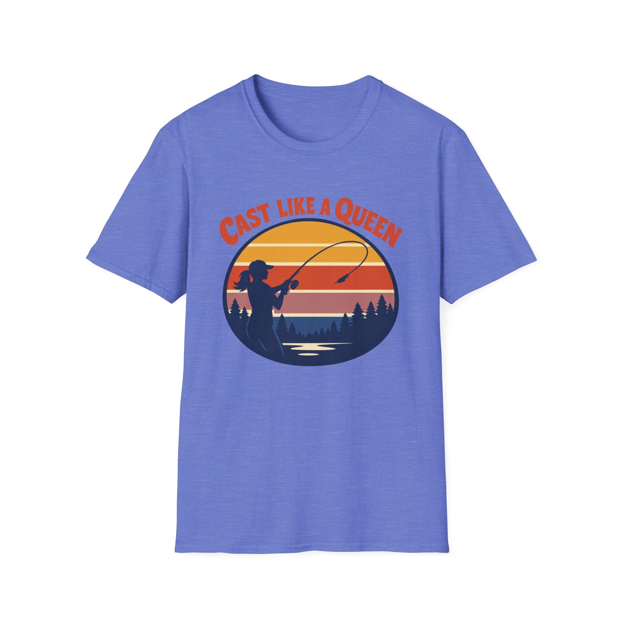 Cast Like a Queen Fishing T-Shirt — Retro Sunset Angler Top for Women