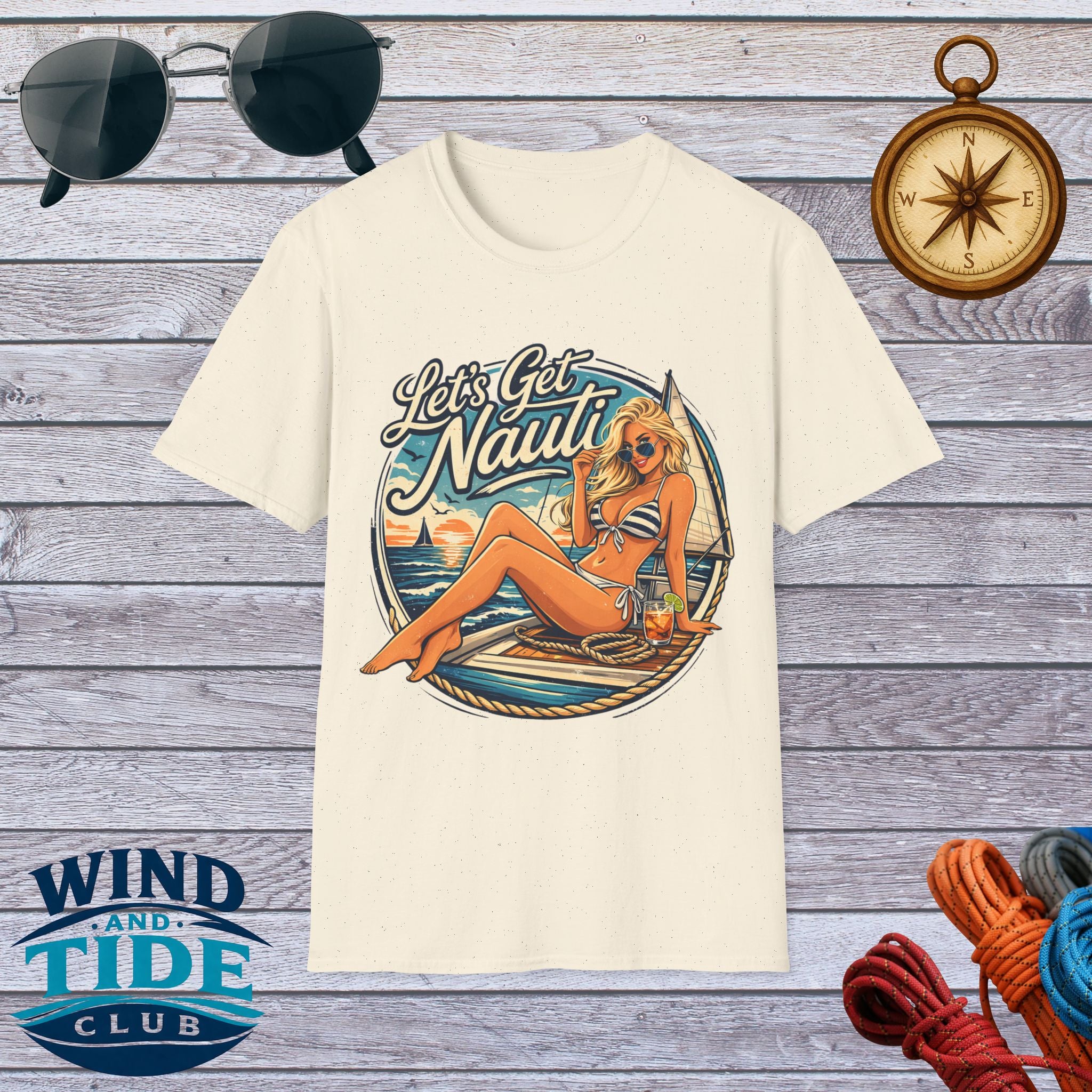 Let's Get Nauti Nautical T-Shirt — Retro Beach Blonde Pinup Graphic Tee