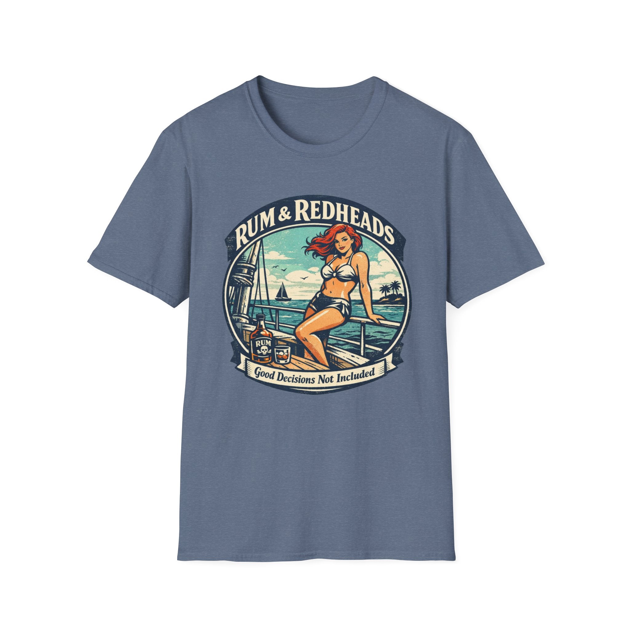 Rum & Redheads Retro Pinup T-Shirt — "Good Decisions Not Included"