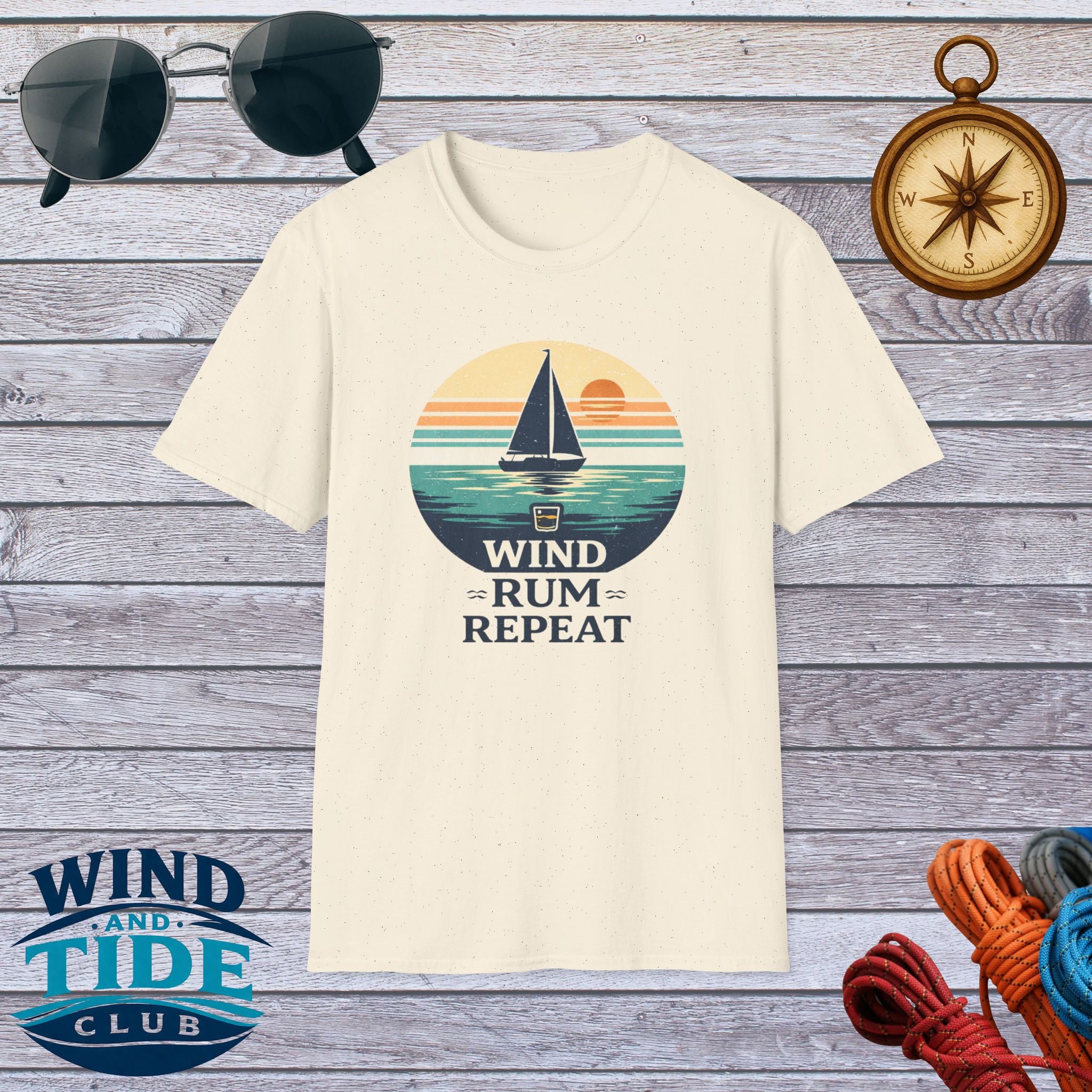 Sailboat Sunset Tee - "Wind Rum Repeat" Nautical Sailing Shirt
