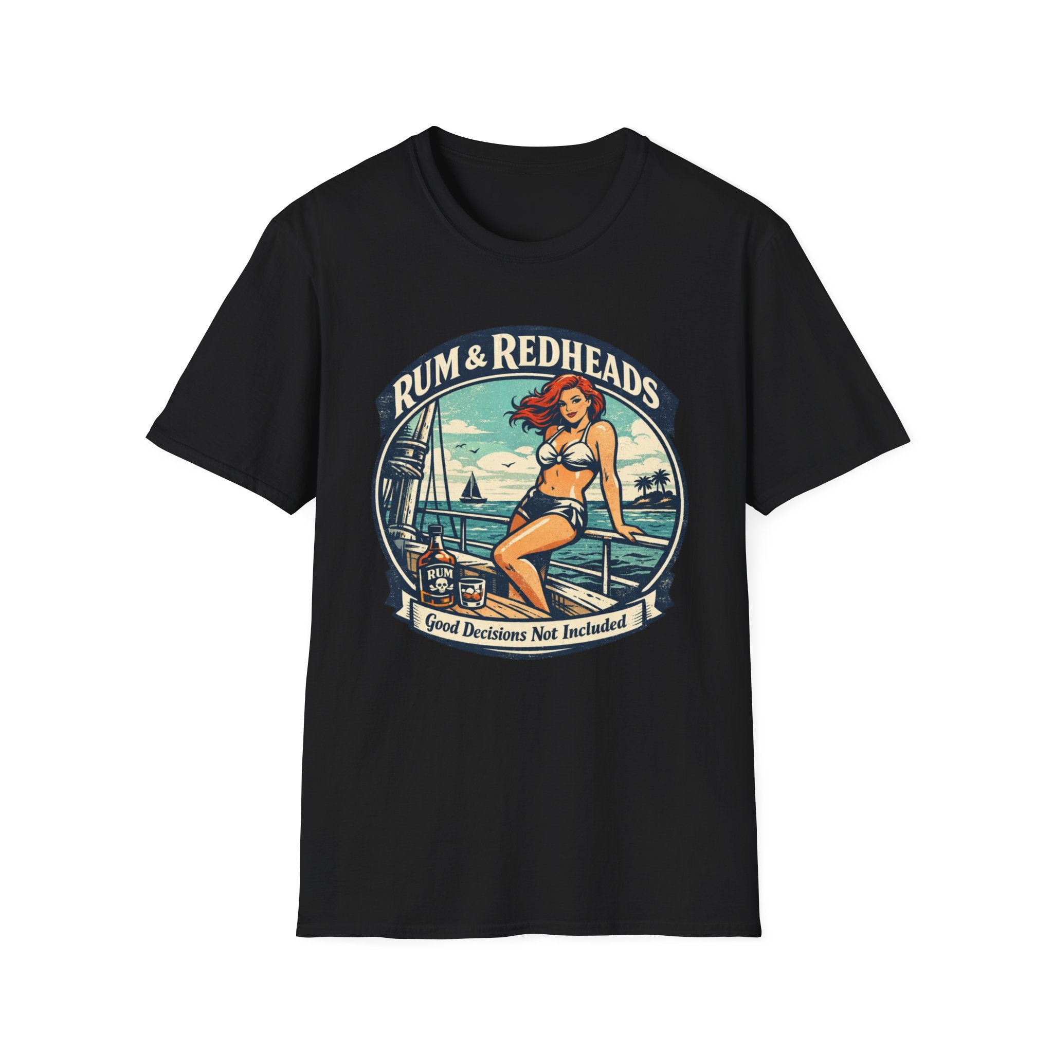 Rum & Redheads Retro Pinup T-Shirt — "Good Decisions Not Included"