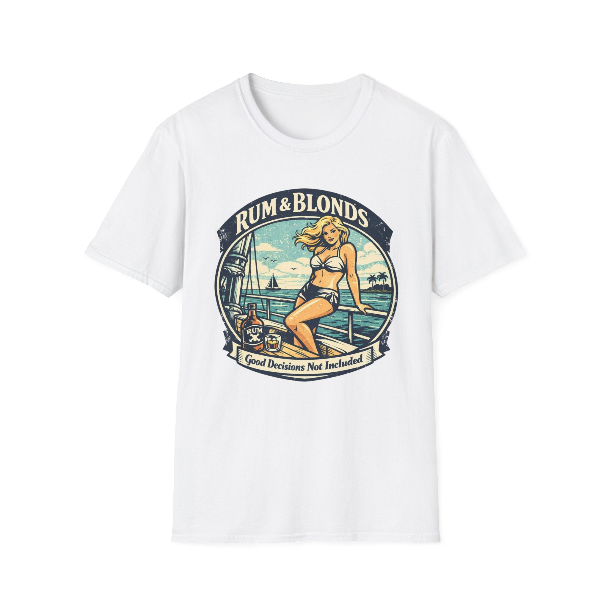 Rum & Blonds Vintage Pinup T-Shirt — 'Good Decisions Not Included' Beach Tee