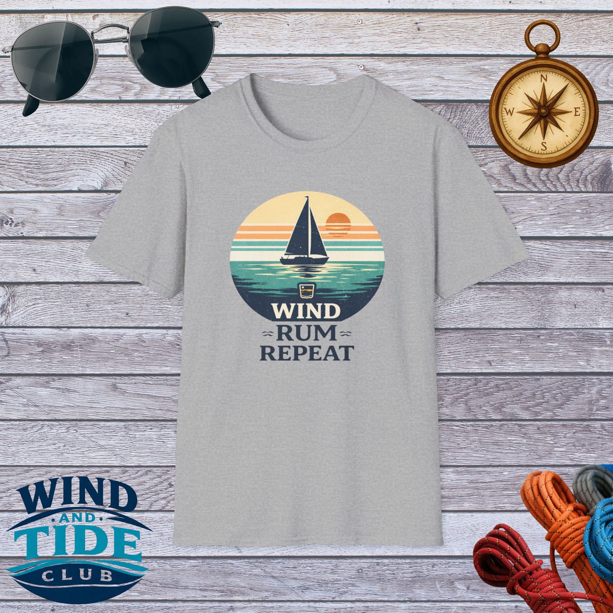 Sailboat Sunset Tee - "Wind Rum Repeat" Nautical Sailing Shirt