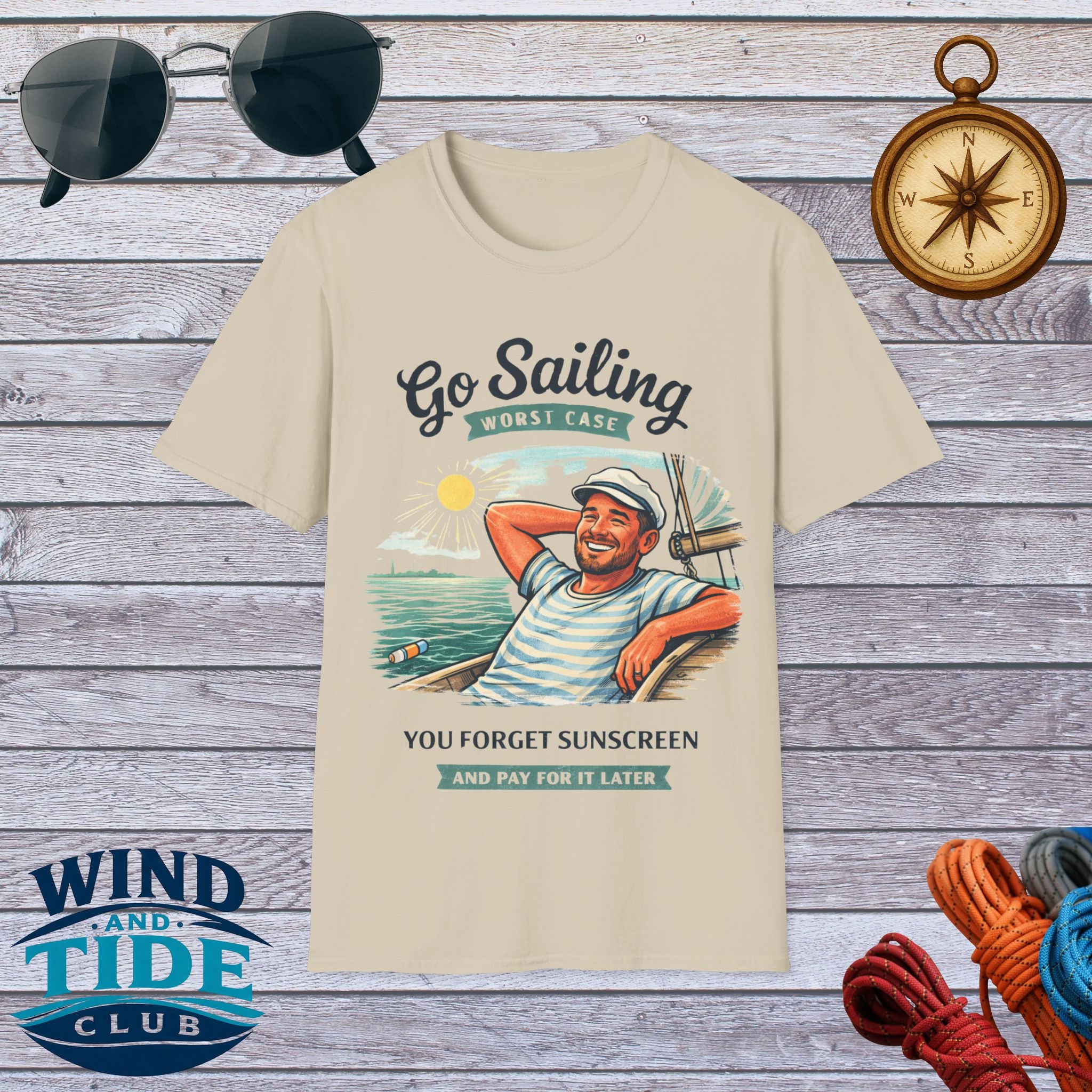 Sailing T-Shirt — "Go Sailing, You Forget Sunscreen" Vintage Crew Tee