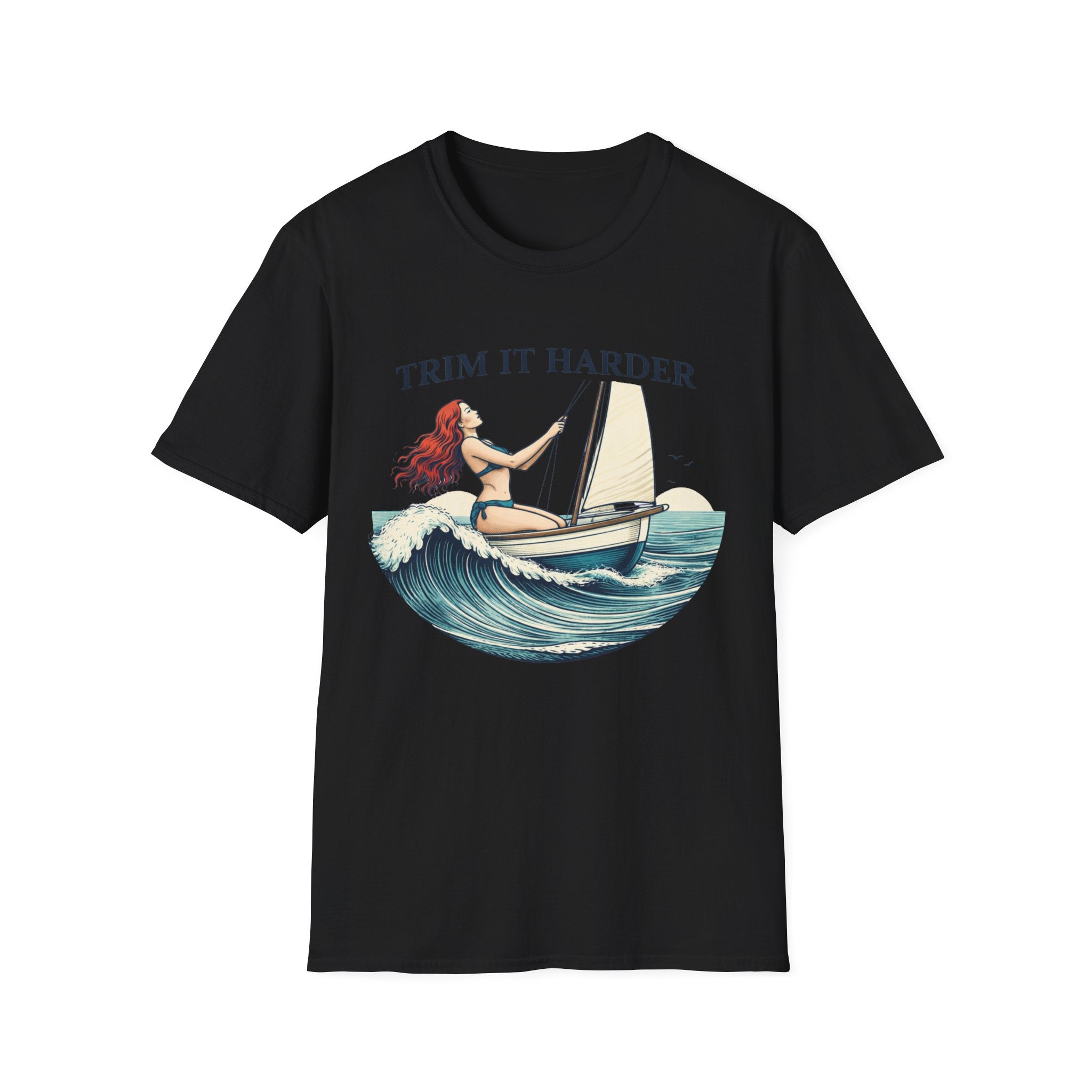 Trim It Harder Sailing T‑Shirt — Vintage Sailboat & Mermaid Wave Tee