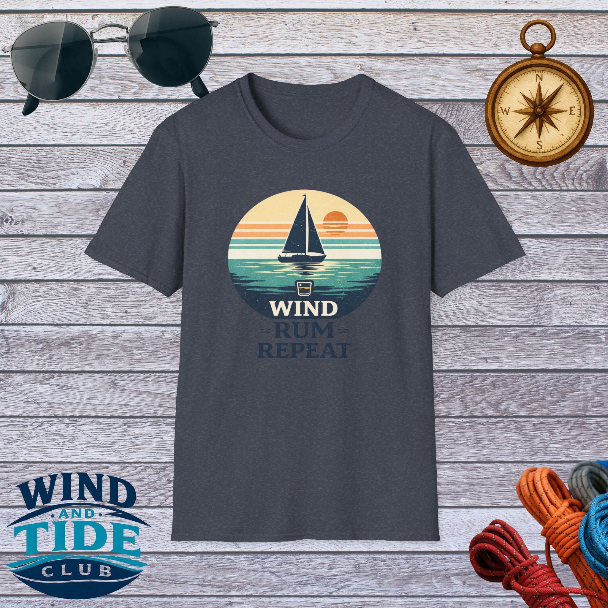 Sailboat Sunset Tee - "Wind Rum Repeat" Nautical Sailing Shirt