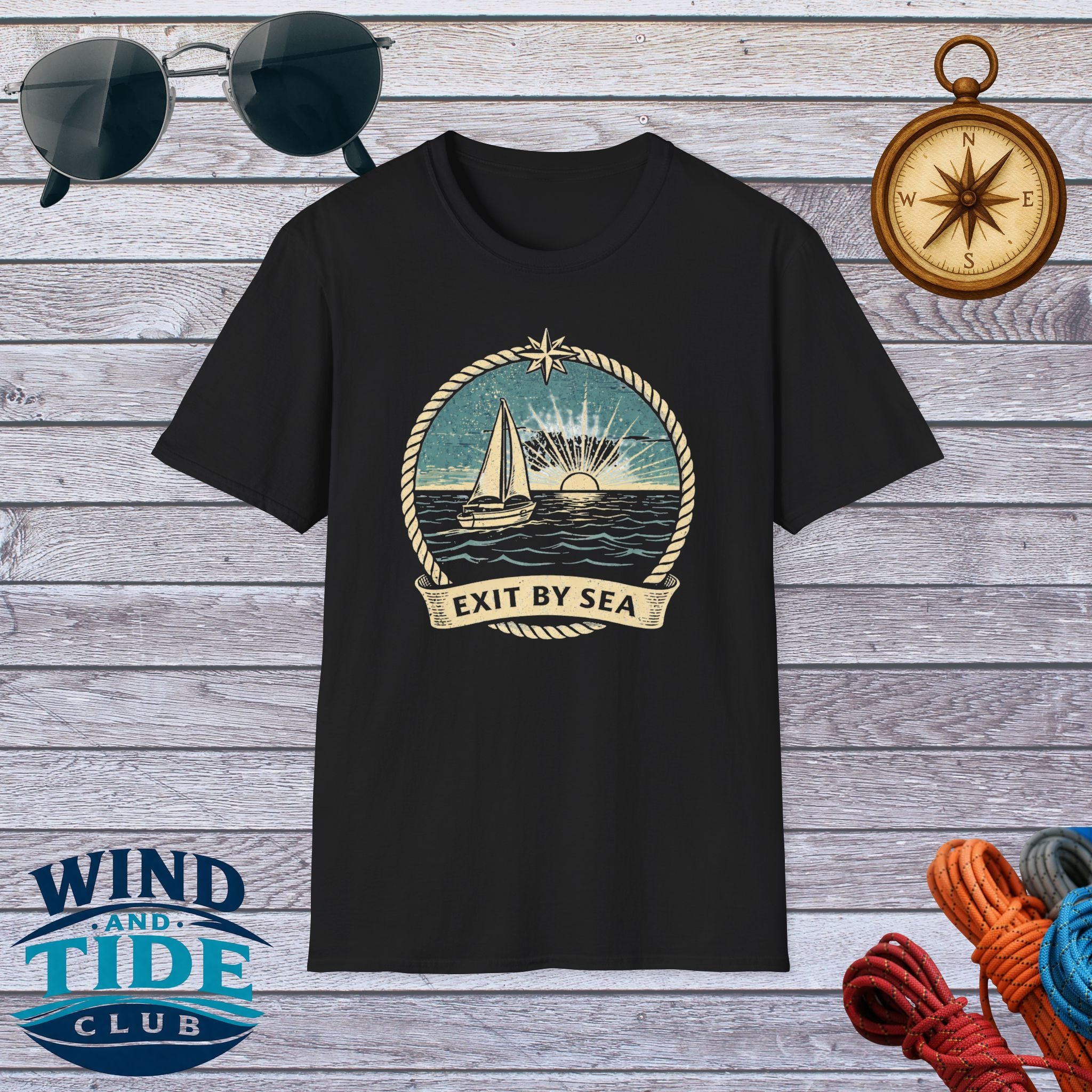 T-Shirt — 'Exit By Sea' Vintage Sailboat Graphic Tee