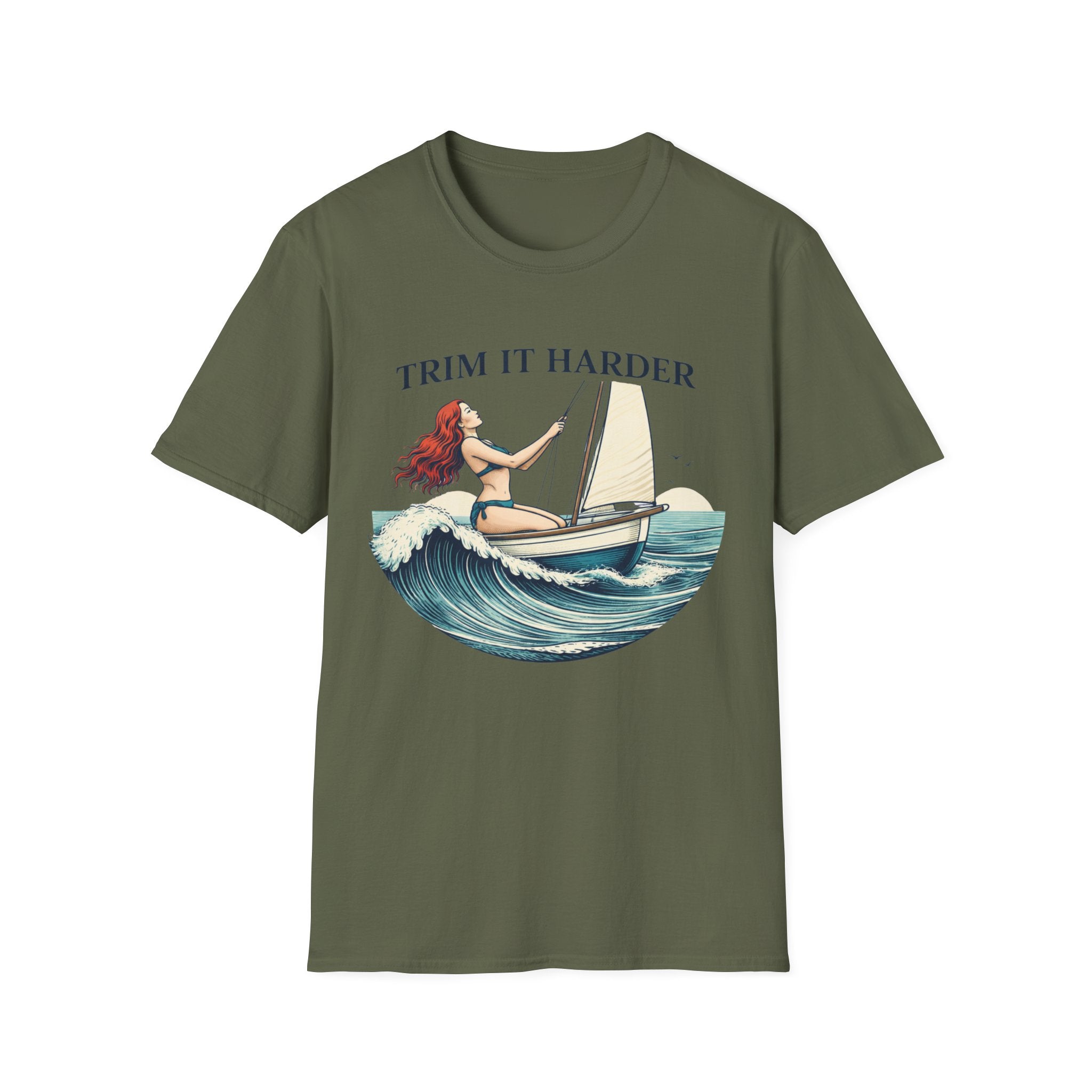 Trim It Harder Sailing T‑Shirt — Vintage Sailboat & Mermaid Wave Tee