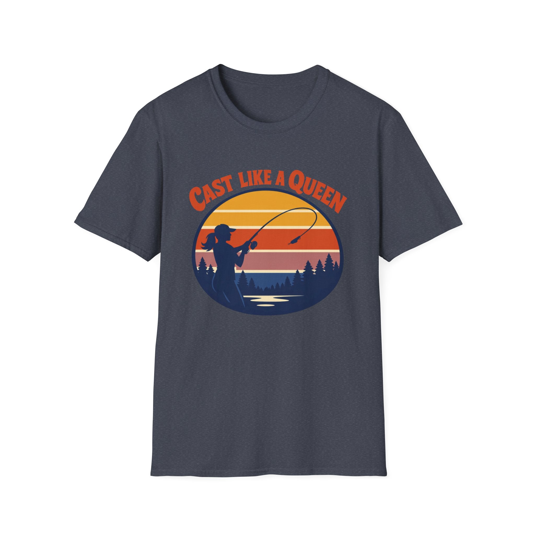 Cast Like a Queen Fishing T-Shirt — Retro Sunset Angler Top for Women