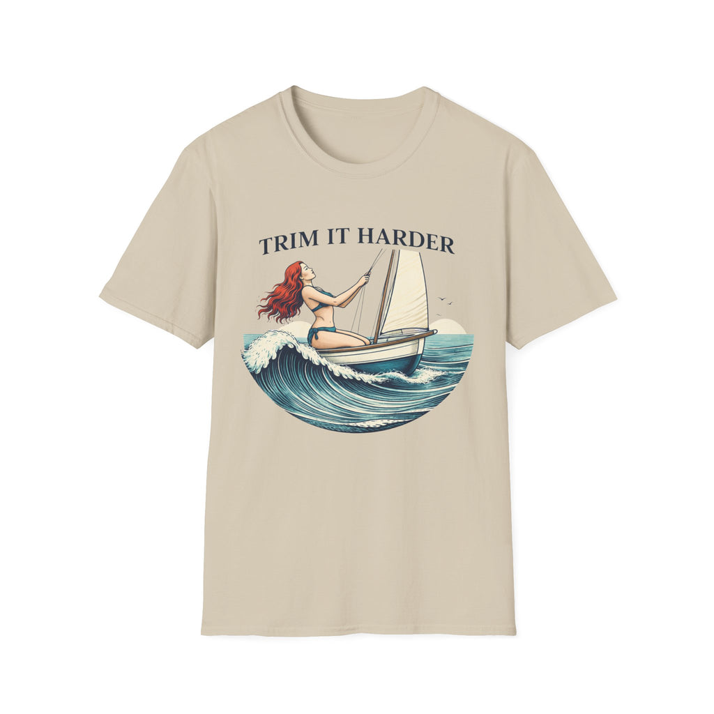 Trim It Harder Sailing T‑Shirt — Vintage Sailboat & Mermaid Wave Tee