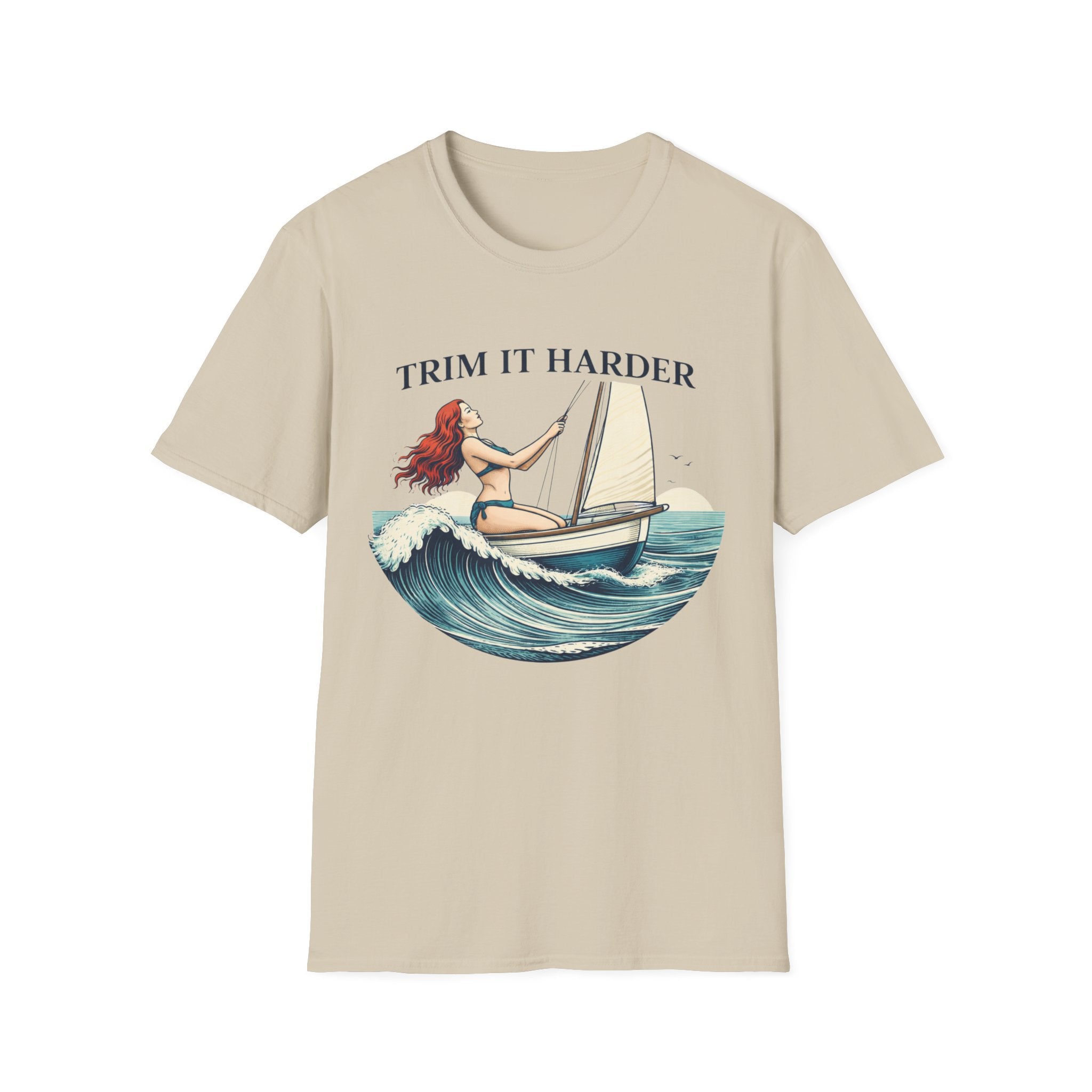 Trim It Harder Sailing T‑Shirt — Vintage Sailboat & Mermaid Wave Tee