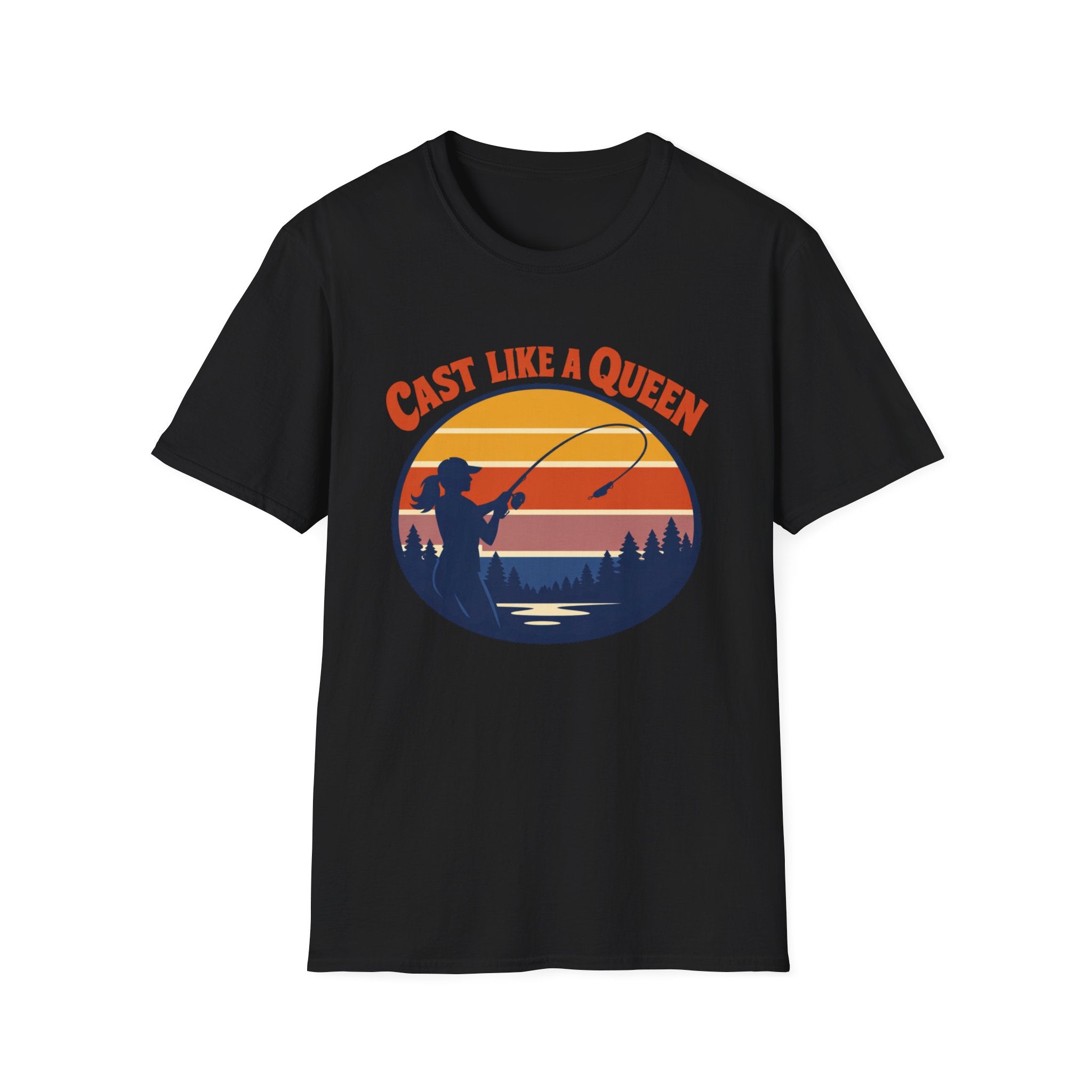 Cast Like a Queen Fishing T-Shirt — Retro Sunset Angler Top for Women