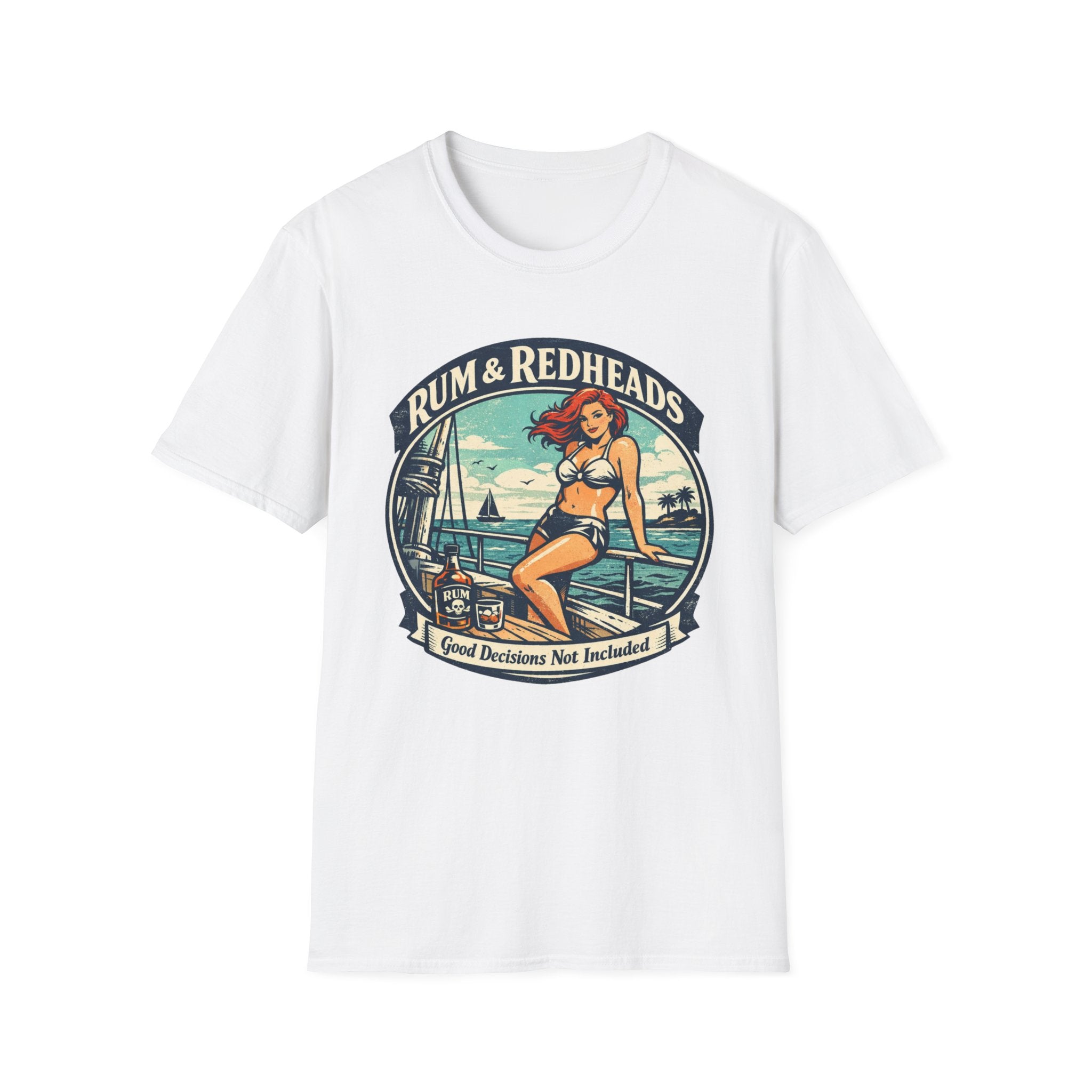 Rum & Redheads Retro Pinup T-Shirt — "Good Decisions Not Included"