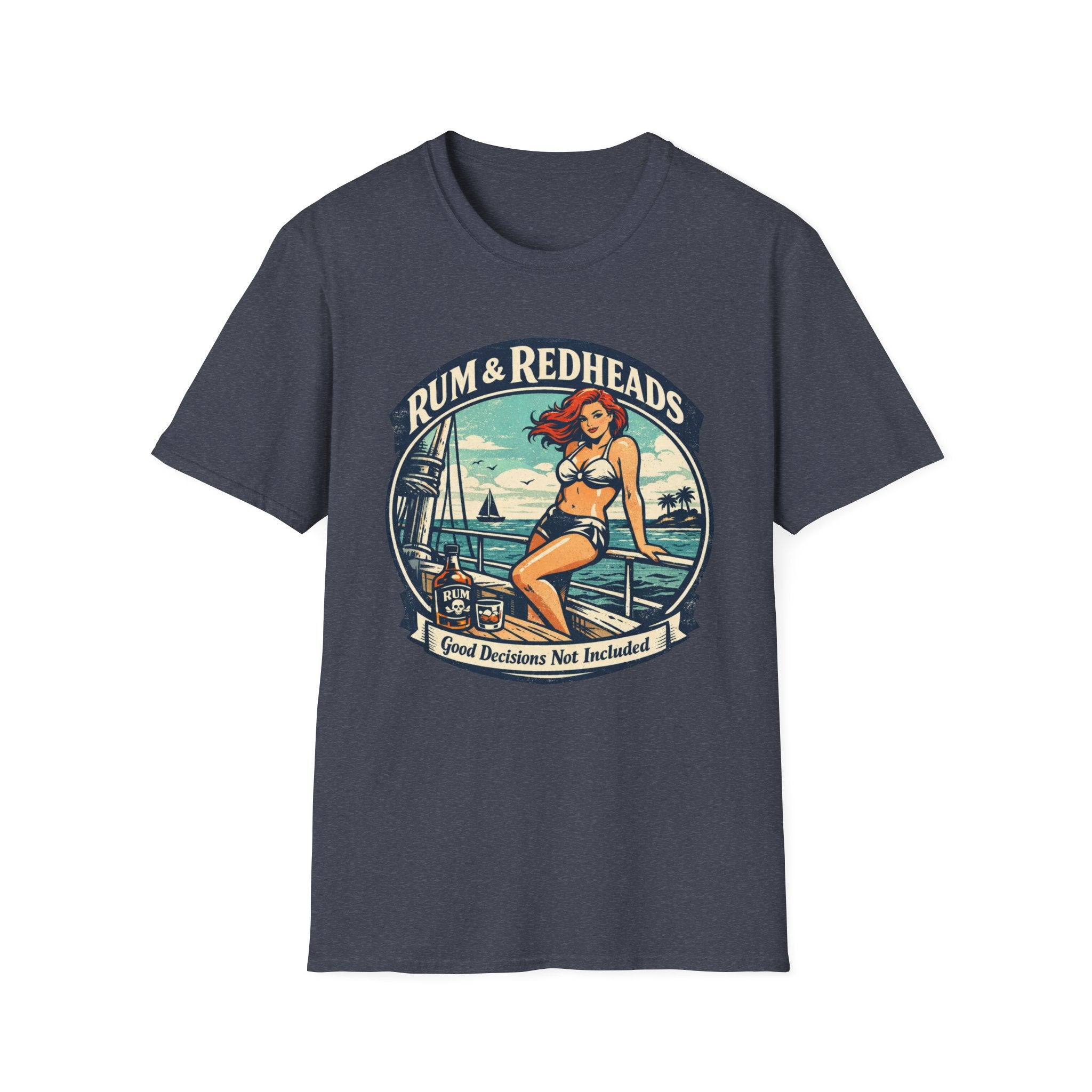 Rum & Redheads Retro Pinup T-Shirt — "Good Decisions Not Included"