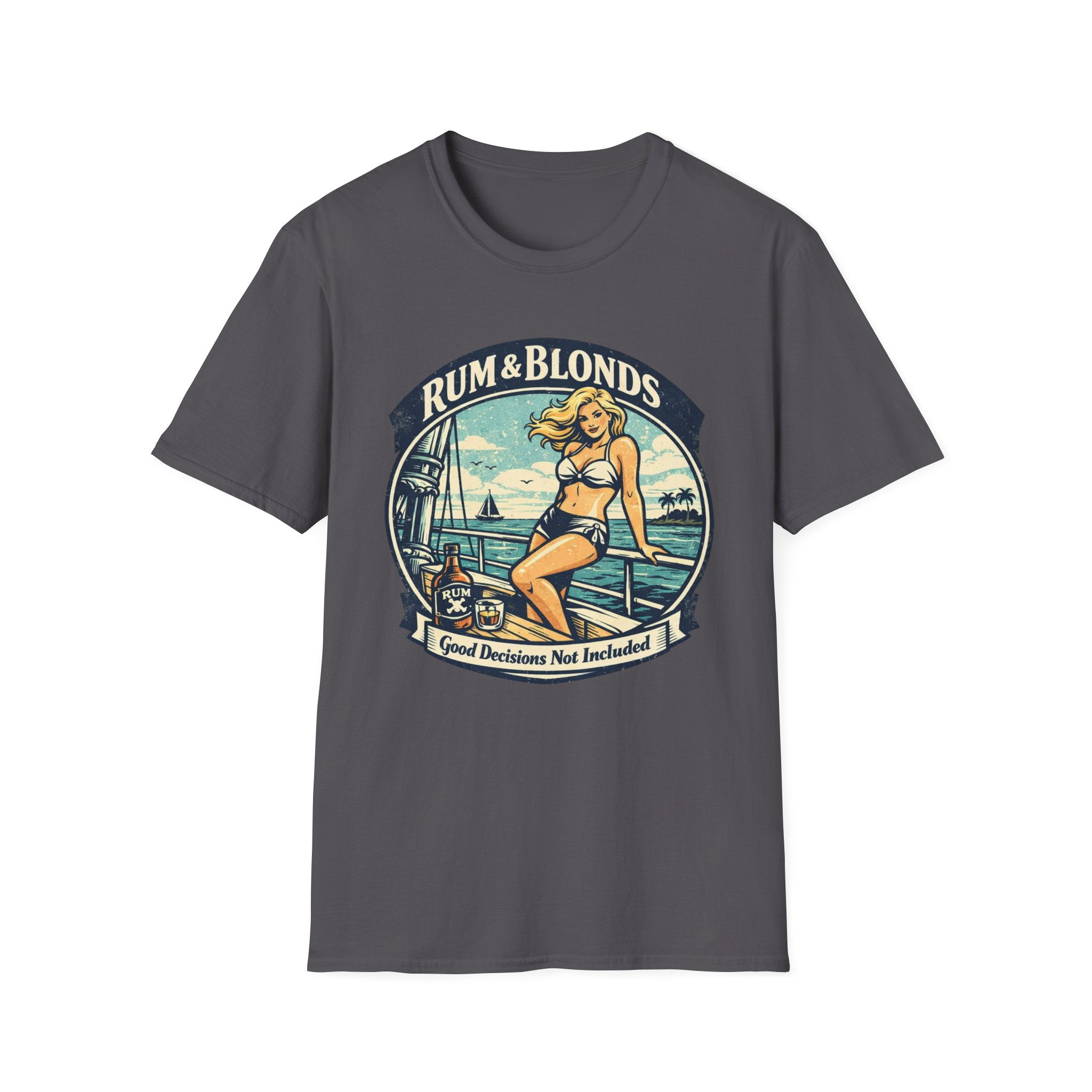 Rum & Blonds Vintage Pinup T-Shirt — 'Good Decisions Not Included' Beach Tee