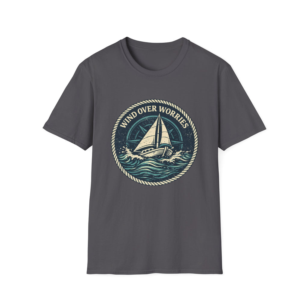 Sailboat Graphic Tee — "Wind Over Worries" Nautical T-Shirt