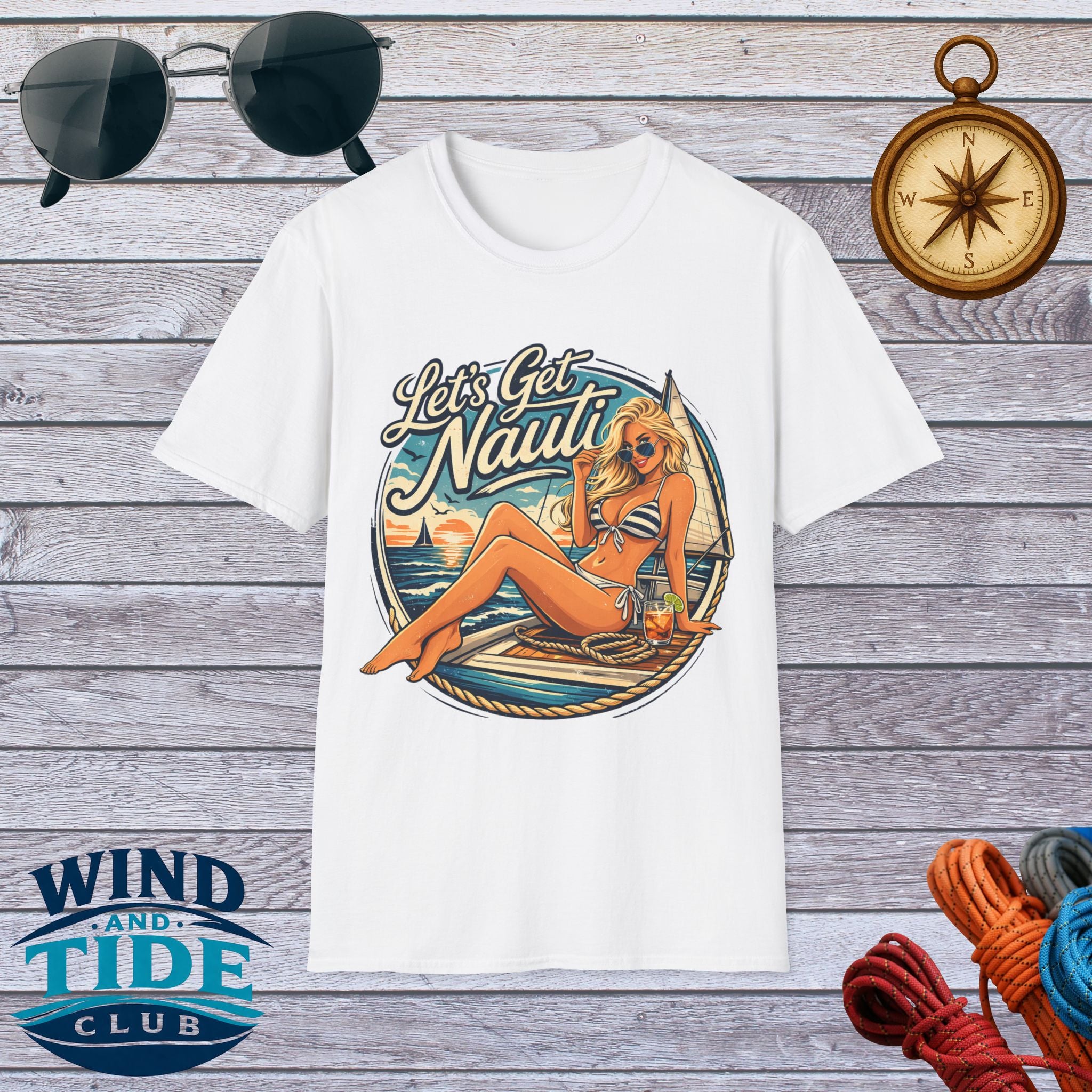 Let's Get Nauti Nautical T-Shirt — Retro Beach Blonde Pinup Graphic Tee
