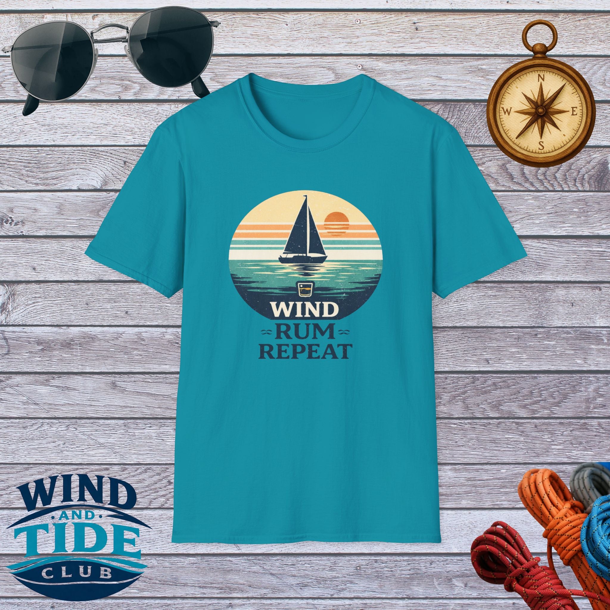 Sailboat Sunset Tee - "Wind Rum Repeat" Nautical Sailing Shirt