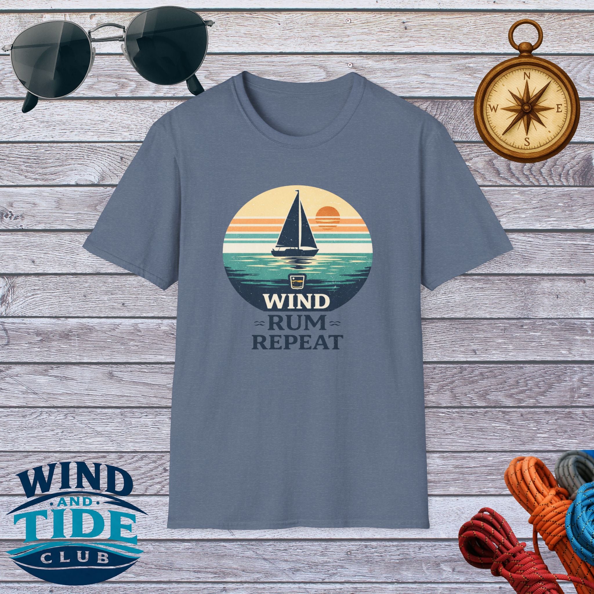 Sailboat Sunset Tee - "Wind Rum Repeat" Nautical Sailing Shirt