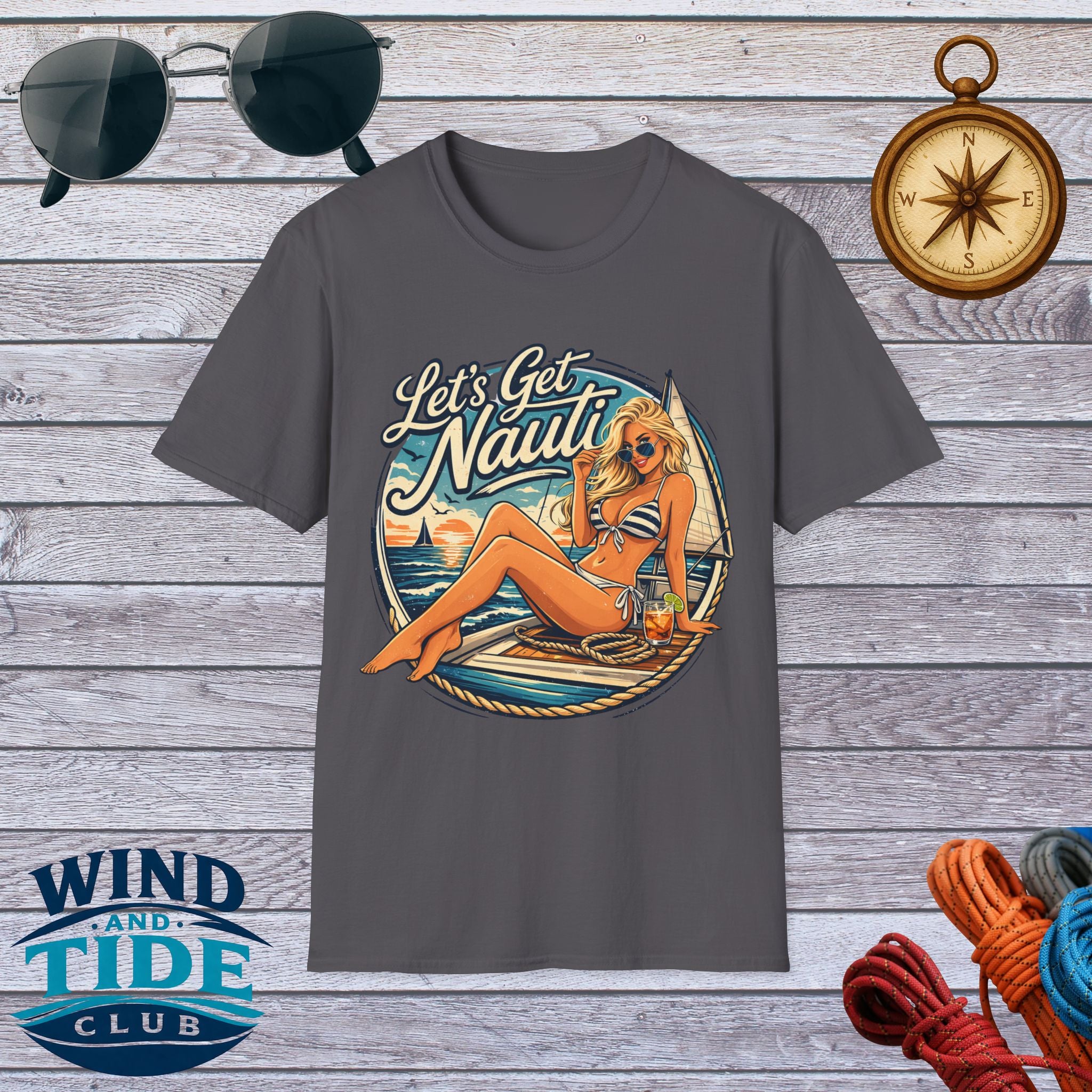 Let's Get Nauti Nautical T-Shirt — Retro Beach Blonde Pinup Graphic Tee