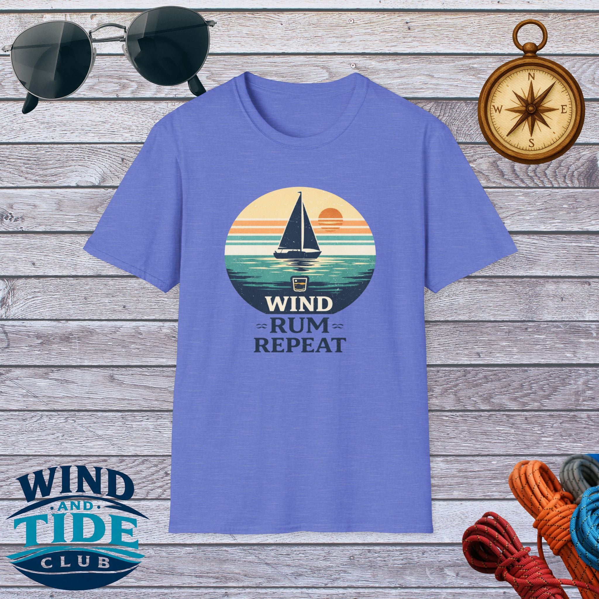 Sailboat Sunset Tee - "Wind Rum Repeat" Nautical Sailing Shirt