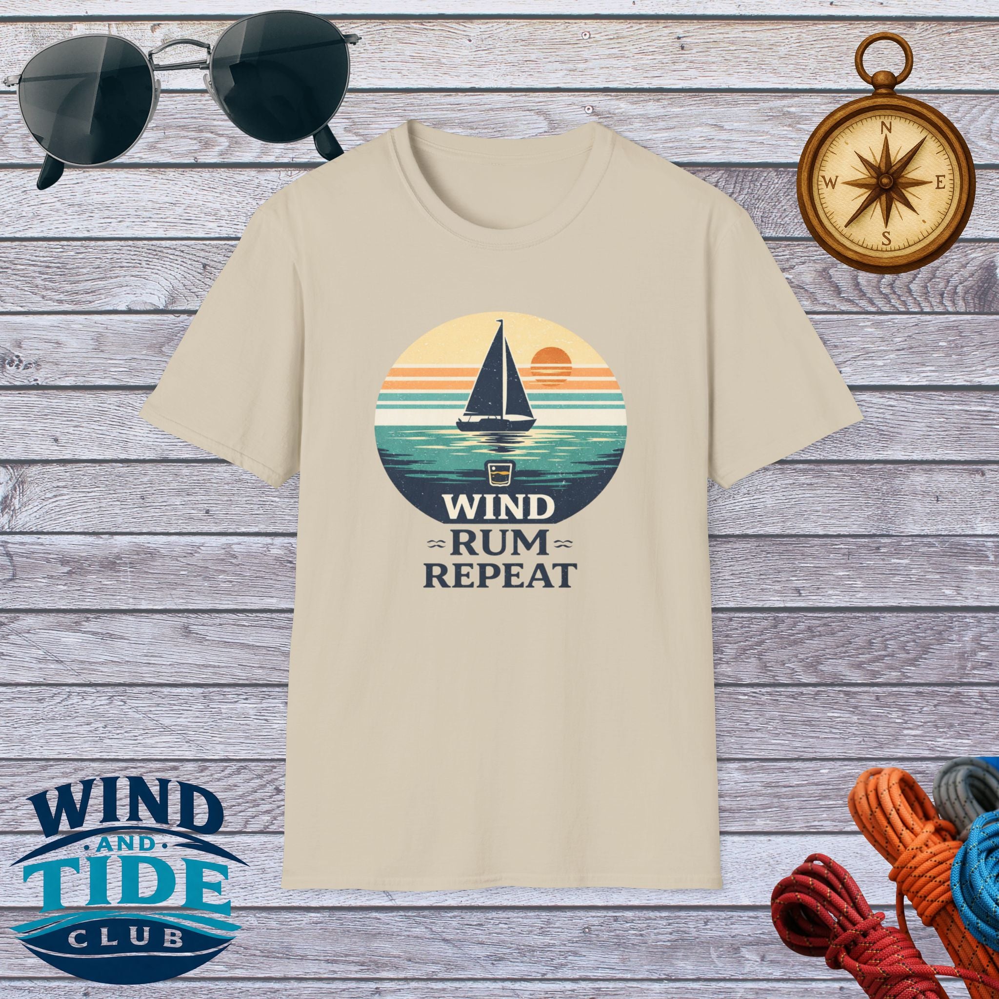 Sailboat Sunset Tee - "Wind Rum Repeat" Nautical Sailing Shirt