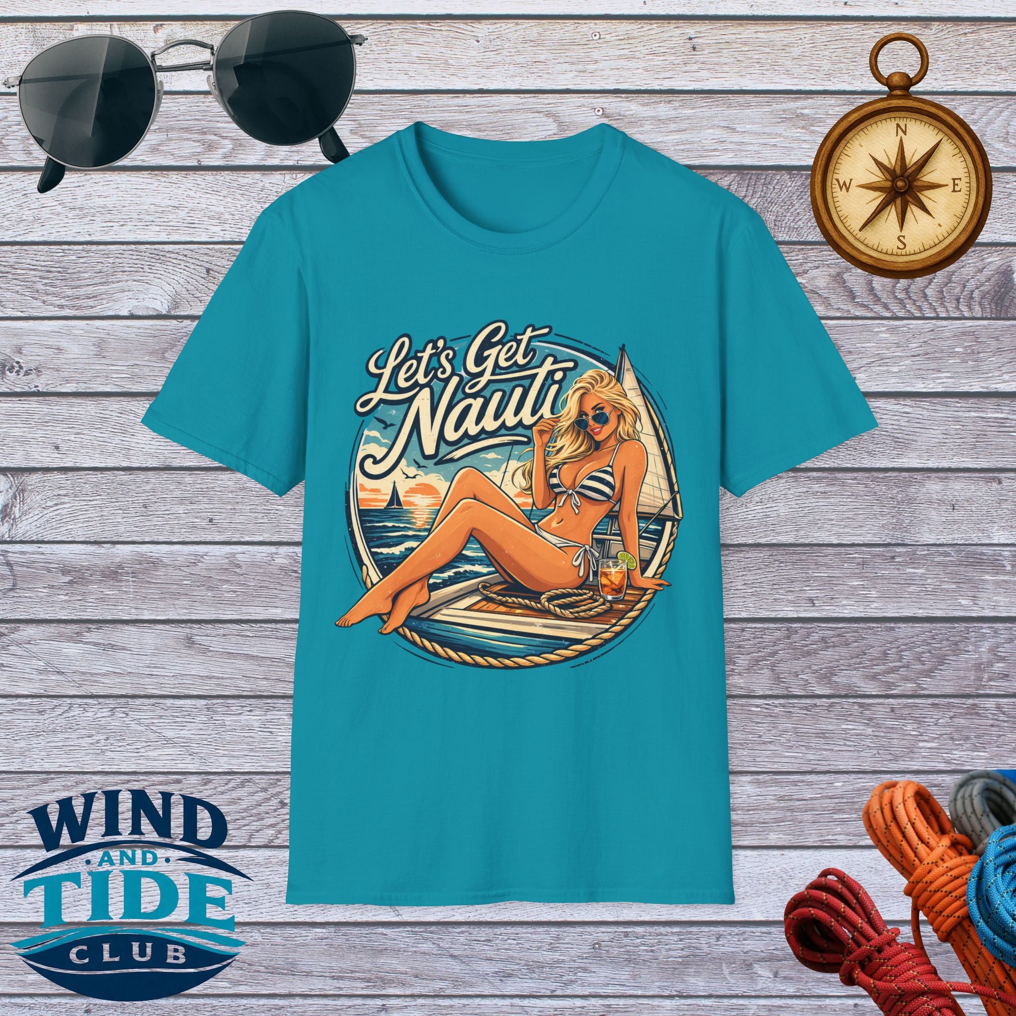 Let's Get Nauti Nautical T-Shirt — Retro Beach Blonde Pinup Graphic Tee