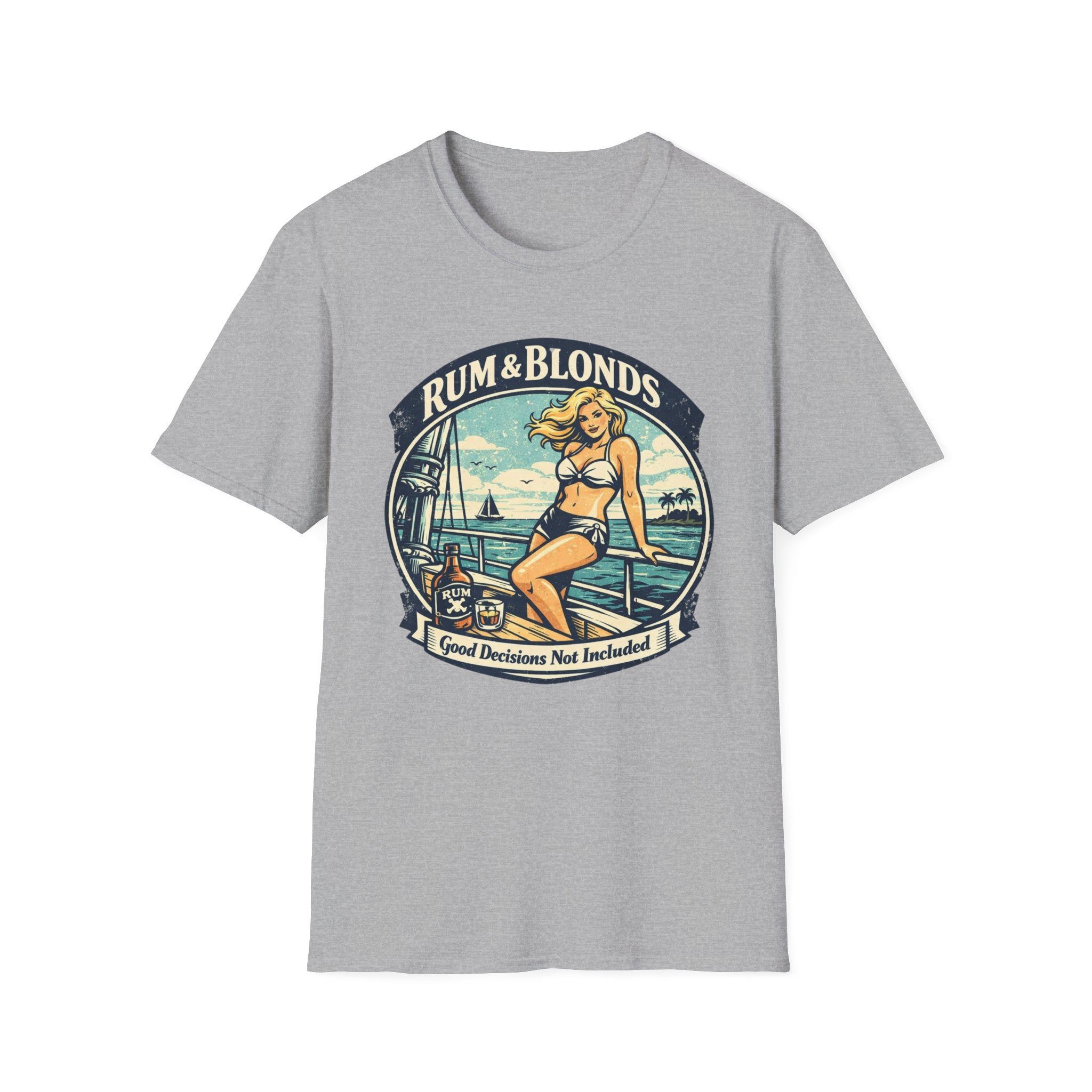 Rum & Blonds Vintage Pinup T-Shirt — 'Good Decisions Not Included' Beach Tee