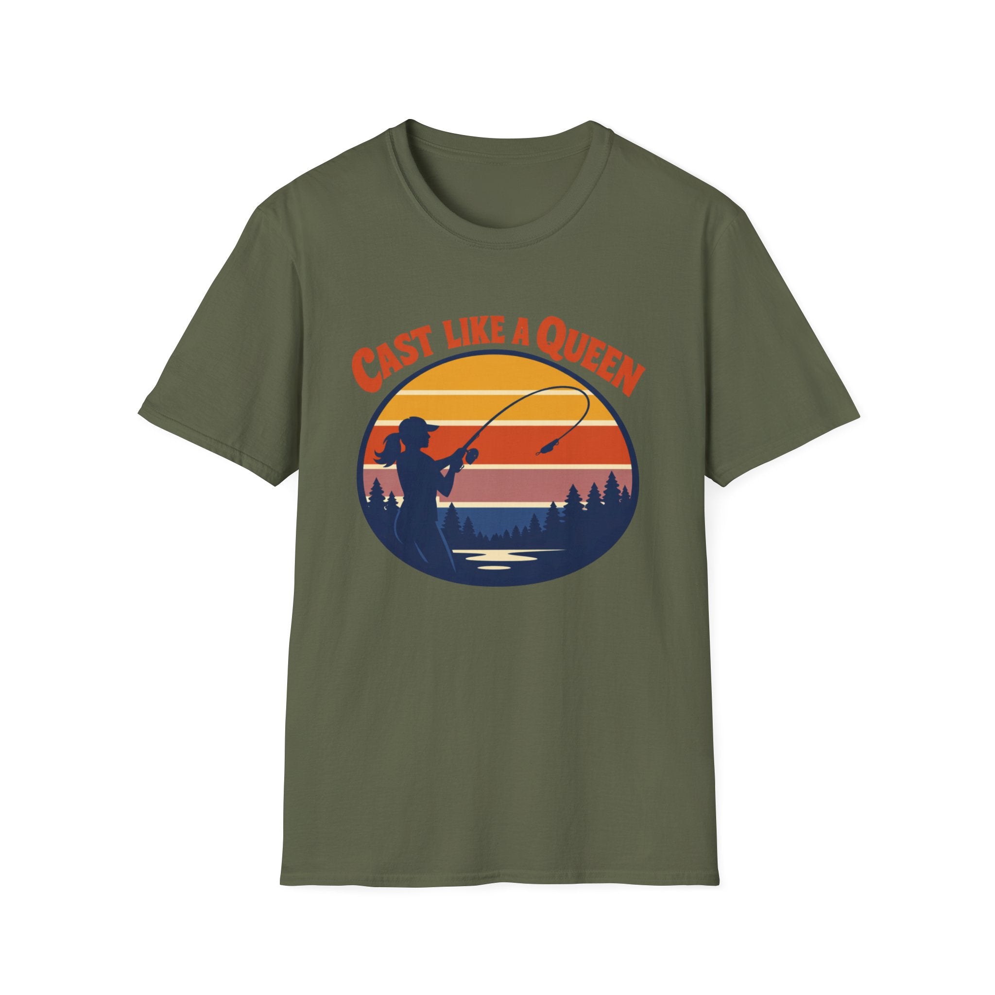 Cast Like a Queen Fishing T-Shirt — Retro Sunset Angler Top for Women