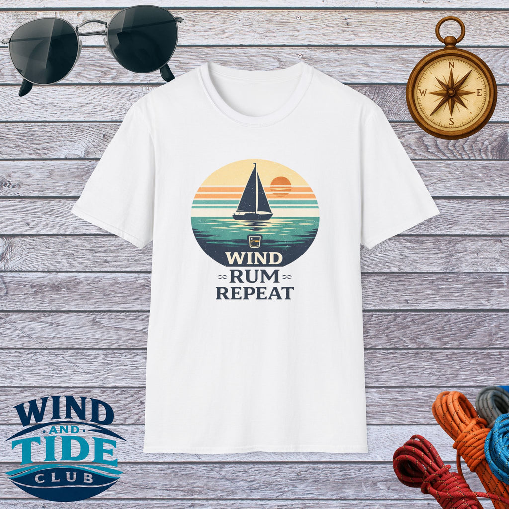 Sailboat Sunset Tee - "Wind Rum Repeat" Nautical Sailing Shirt