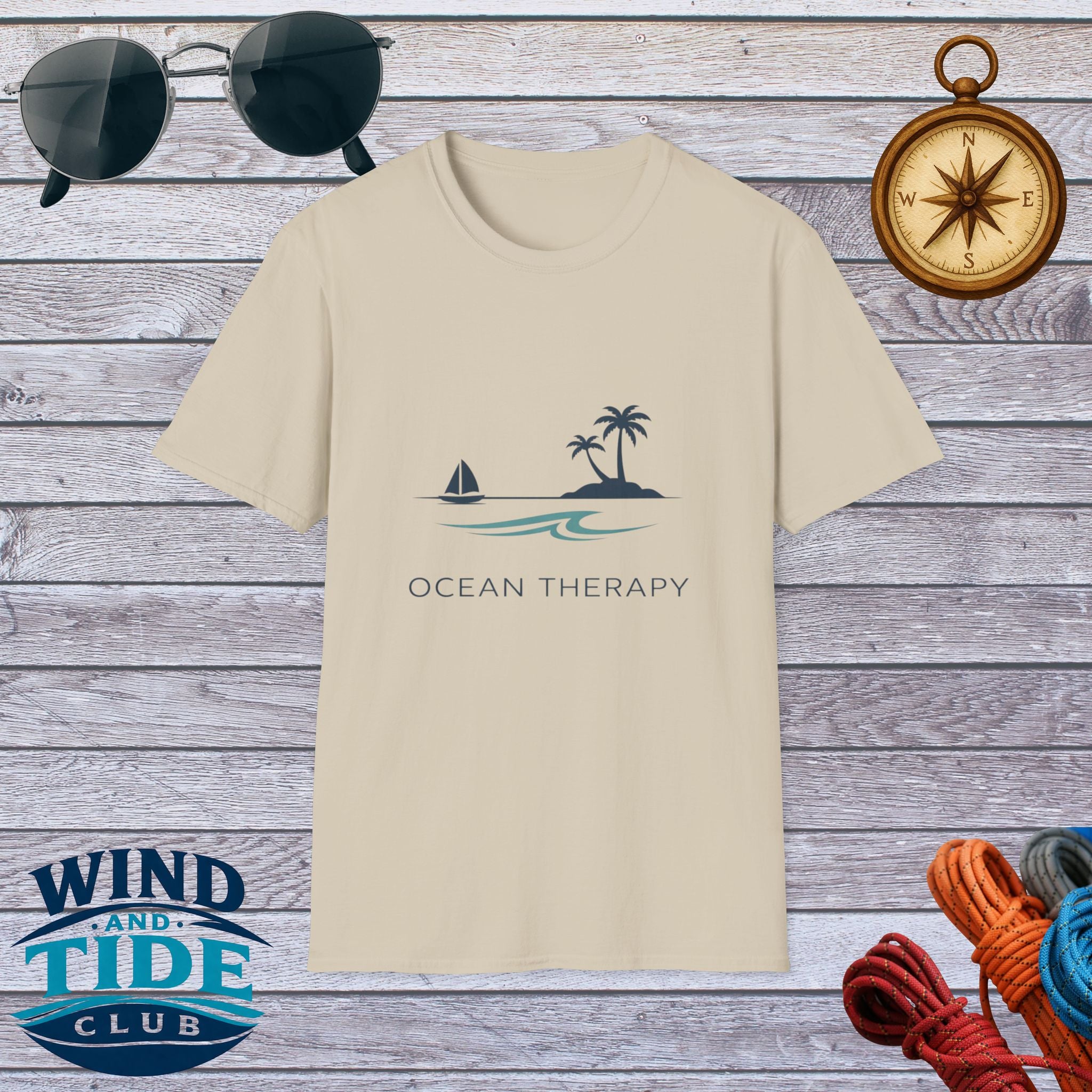 Ocean Therapy T-Shirt — Coastal Beach Palm Tree Sailboat Tee