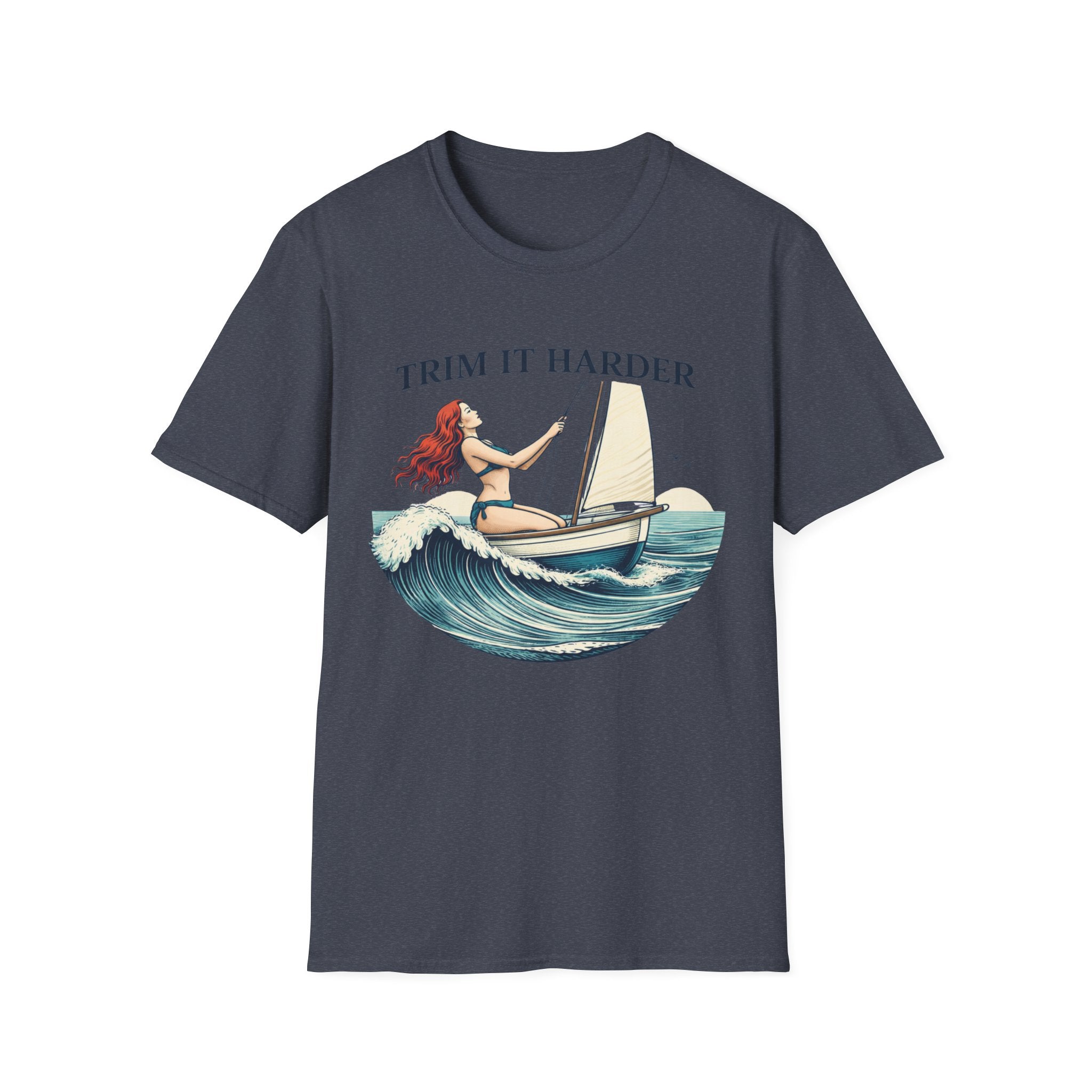 Trim It Harder Sailing T‑Shirt — Vintage Sailboat & Mermaid Wave Tee