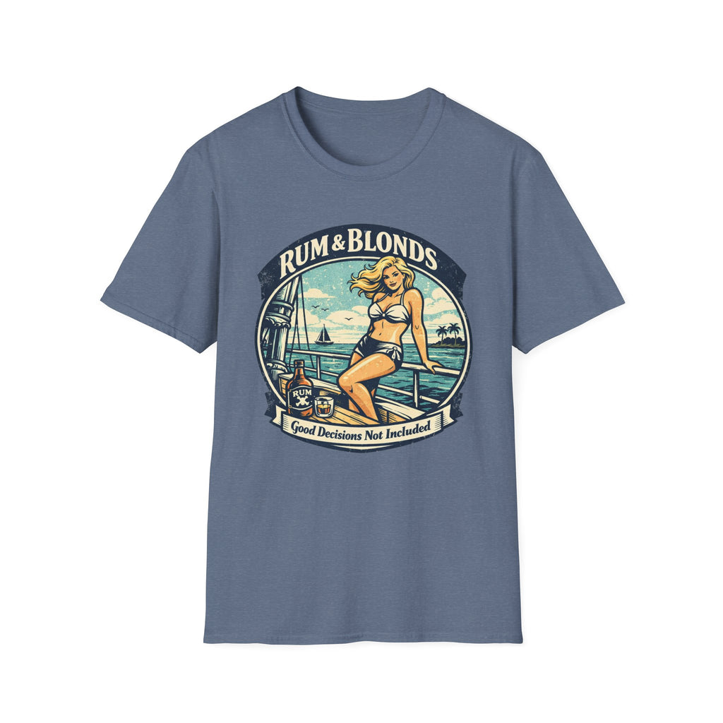 Rum & Blonds Vintage Pinup T-Shirt — 'Good Decisions Not Included' Beach Tee