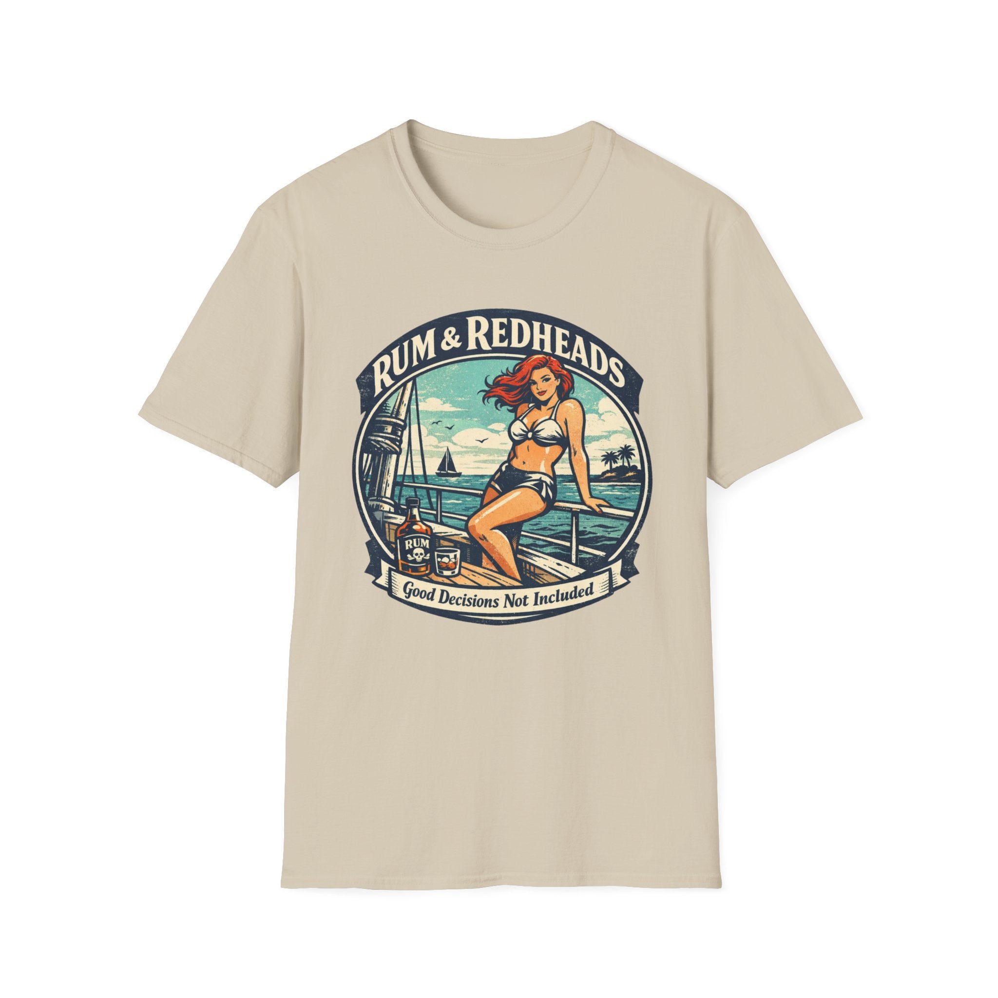 Rum & Redheads Retro Pinup T-Shirt — "Good Decisions Not Included"