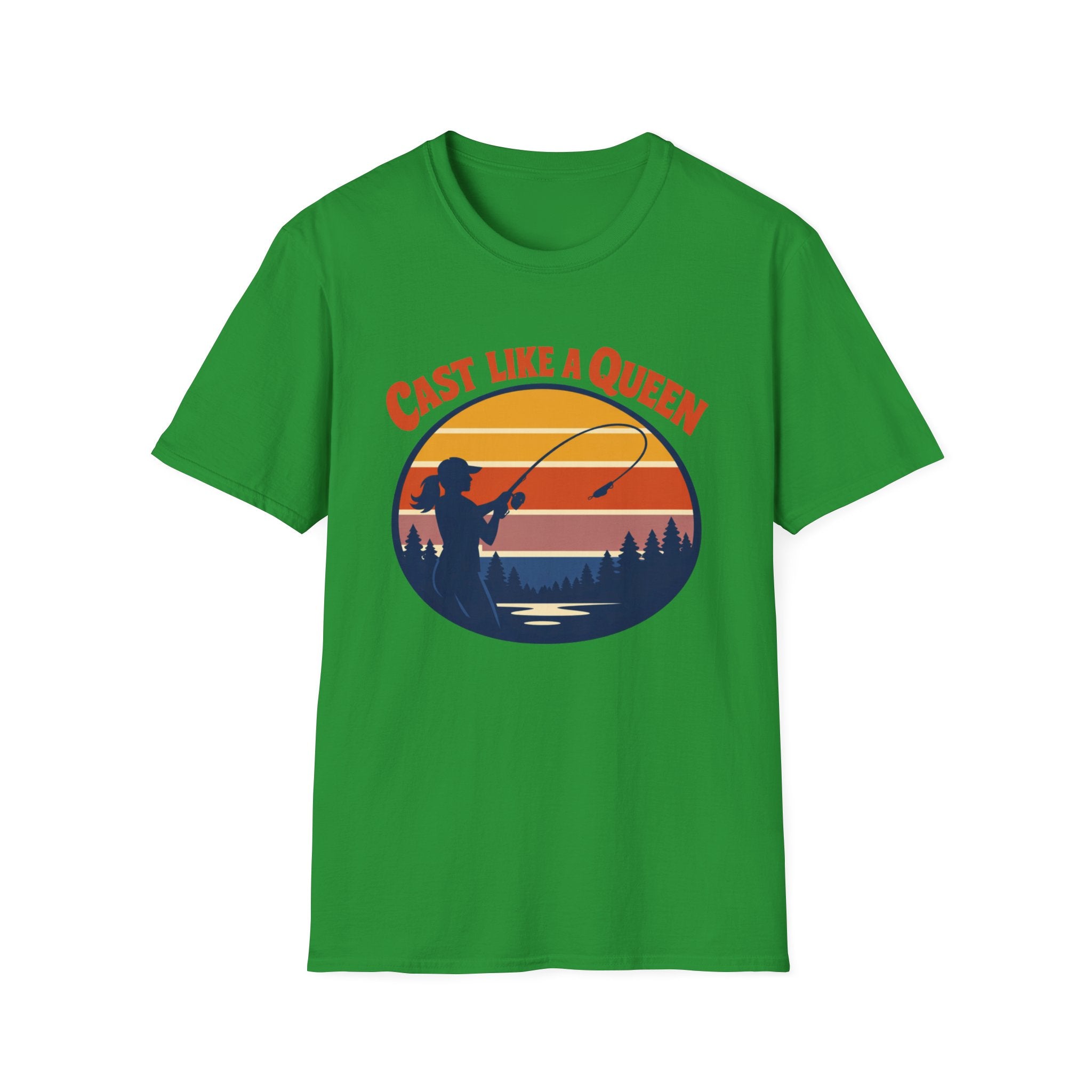 Cast Like a Queen Fishing T-Shirt — Retro Sunset Angler Top for Women